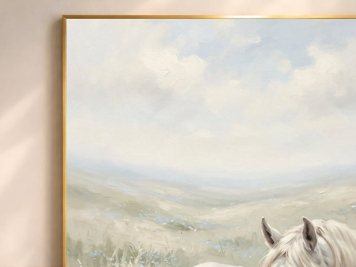White Horse Wall Art, Wildflower Meadow Oil Painting Print - Digital Download