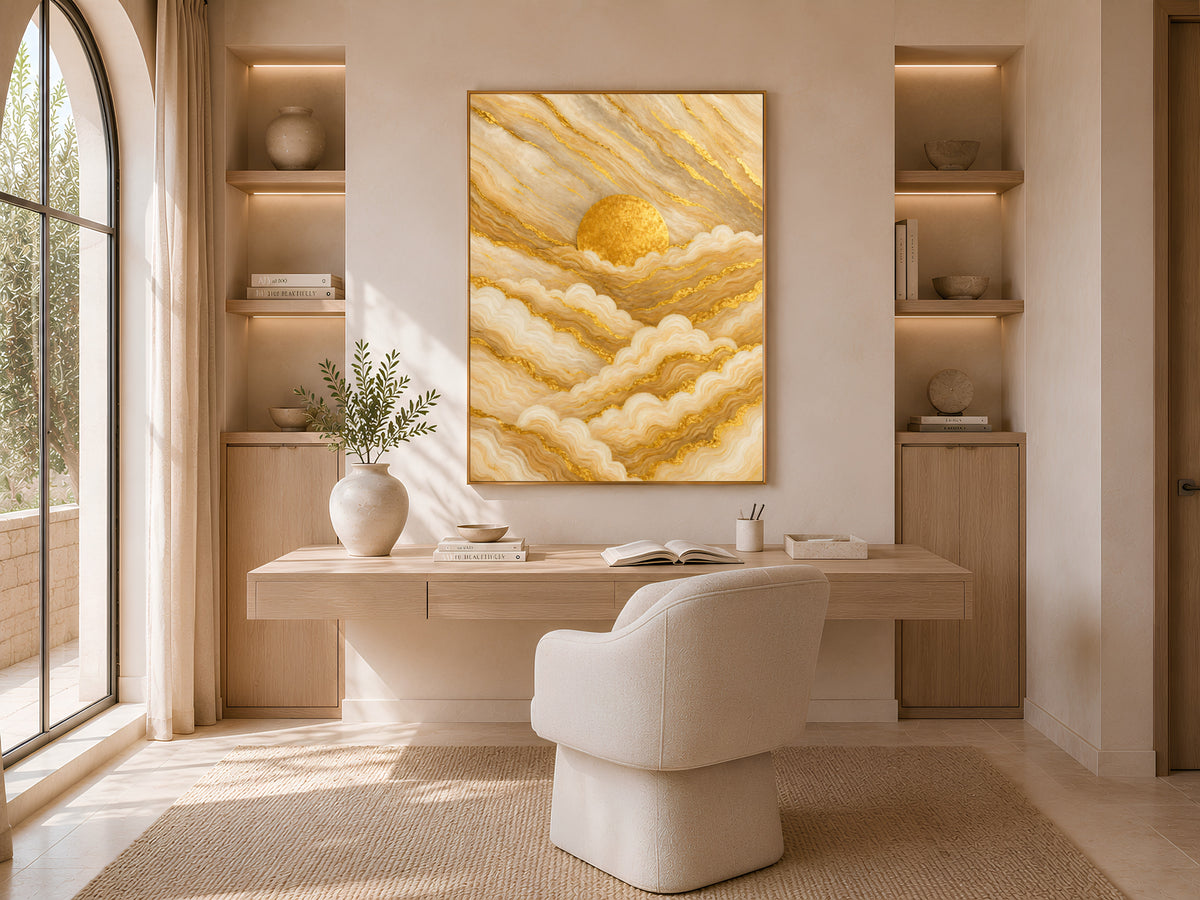 Gold marble abstract wall art displayed above a home office desk with arched shelving, luxury sunrise painting print