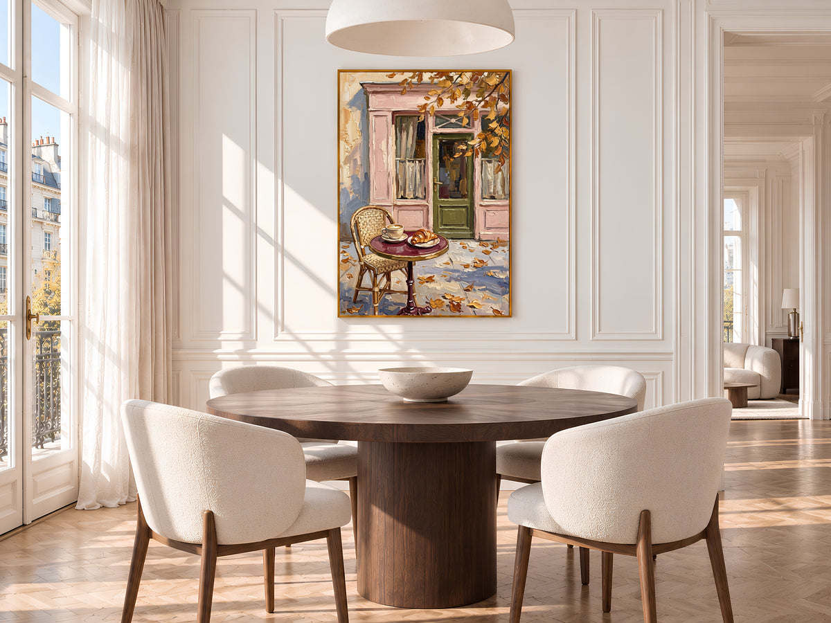 Parisian Cafe Painting Print, Autumn French Bistro Wall Art with Coffee and Croissant, Pink Storefront, Printable Digital Download