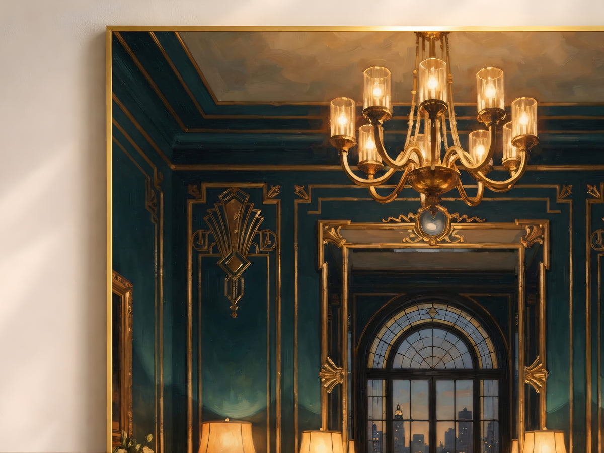 Art Deco Dining Room Wall Art, Teal Gold 1920s Interior Oil Painting - Digital Download
