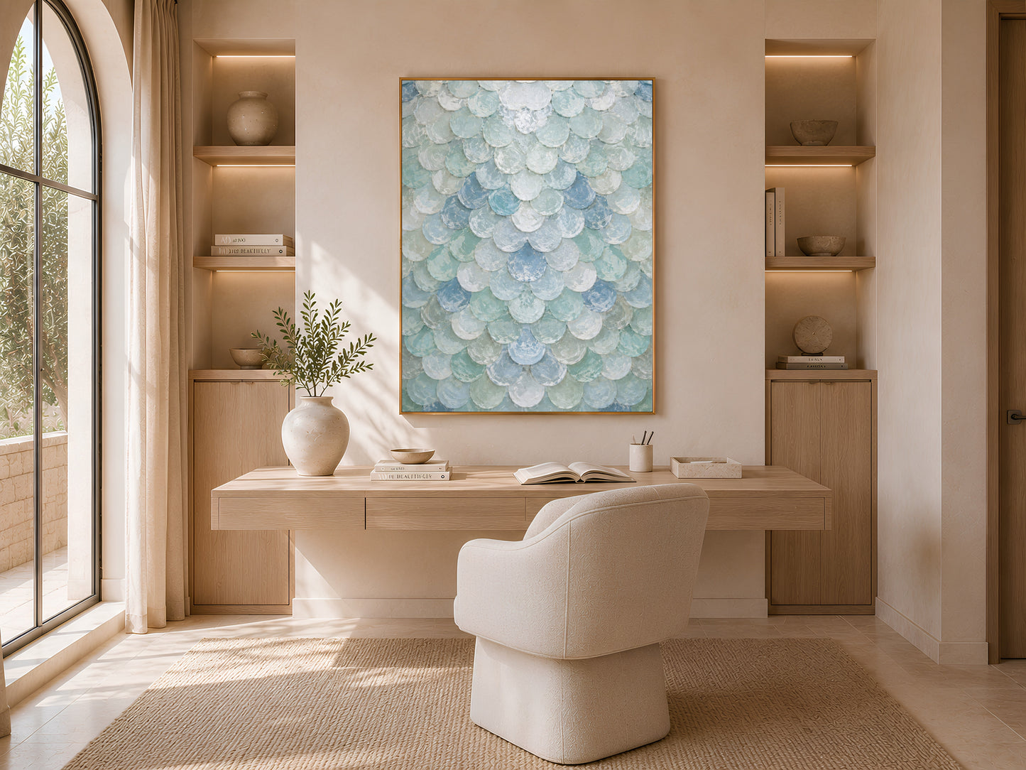 Seafoam capiz shell wall art above built-in desk nook with woven basket
