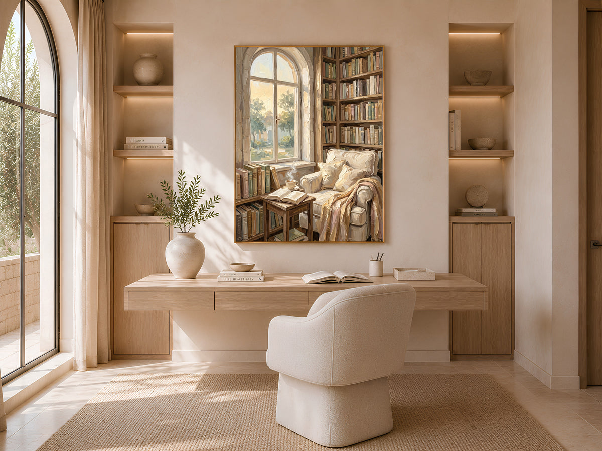 Cozy Library Nook Print, Reading Nook Wall Art - Digital Download