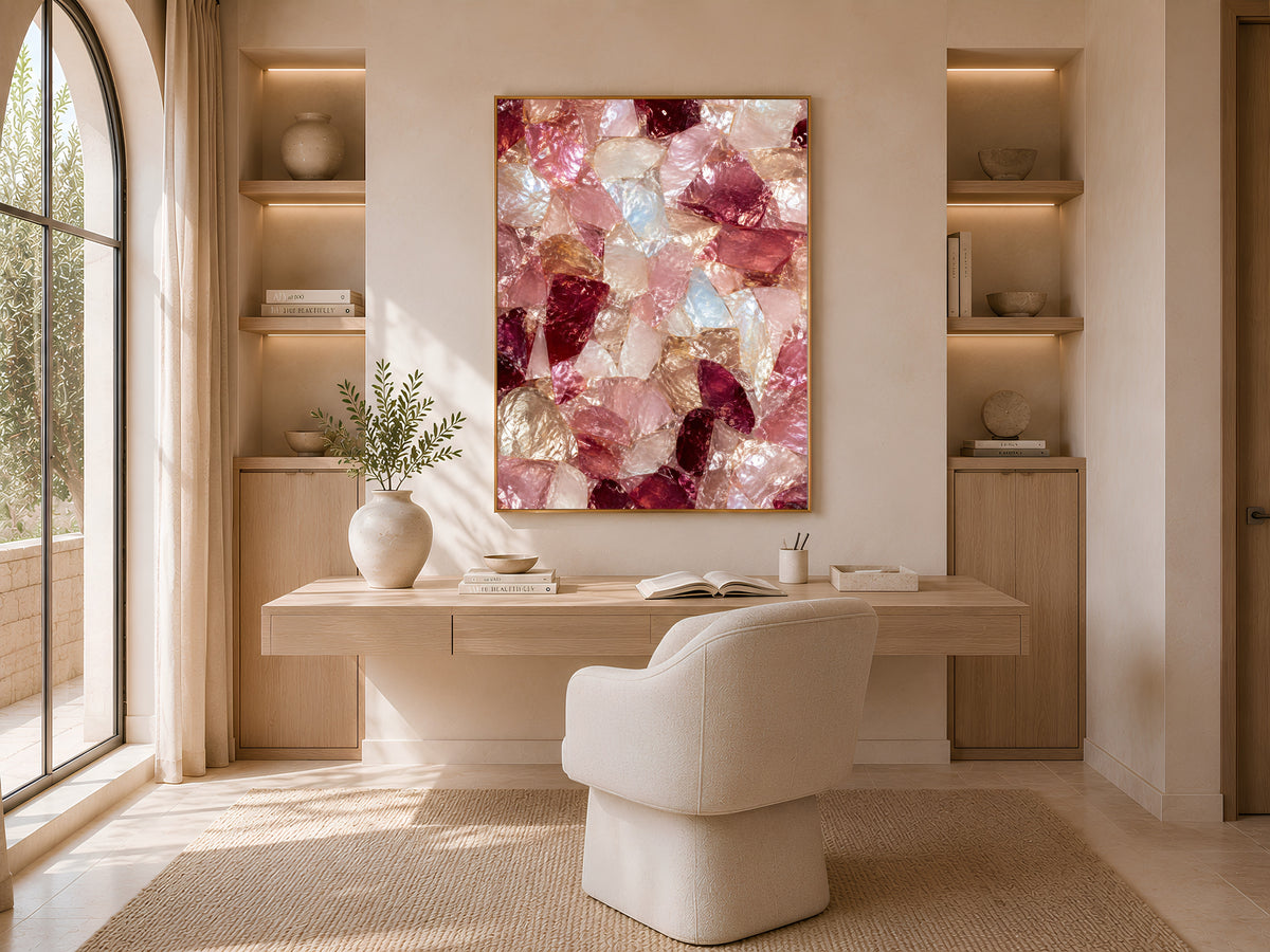 Pink crystal abstract print framed above a wooden desk and boucle chair in a home office with an arched window