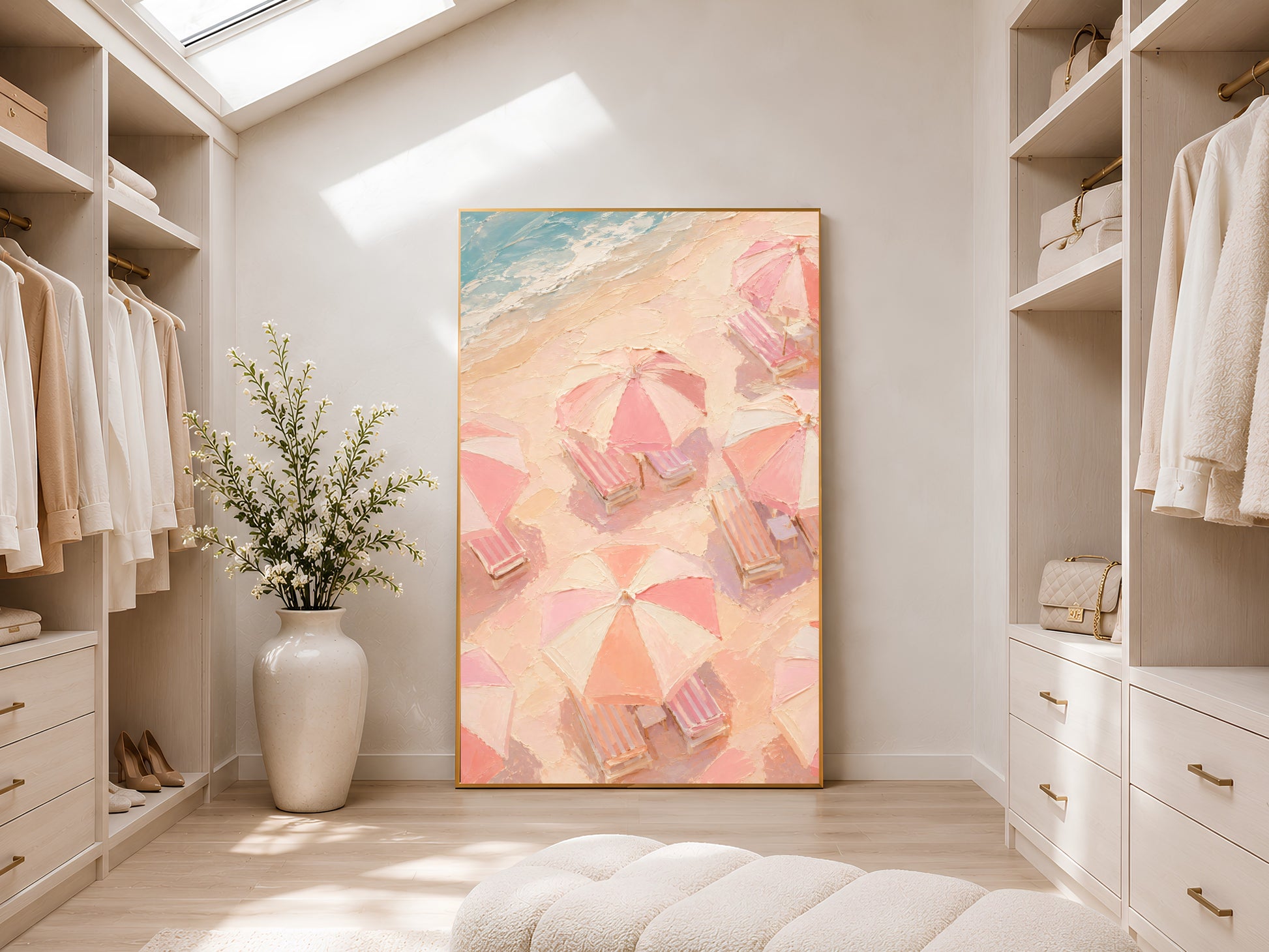 Pink beach umbrella wall art in gold frame displayed in a bright neutral walk-in wardrobe with open shelving and skylight