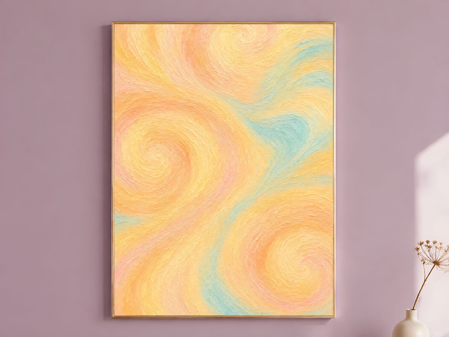 Butter yellow abstract swirl wall art print in a thin gold frame on a dusty lilac wall
