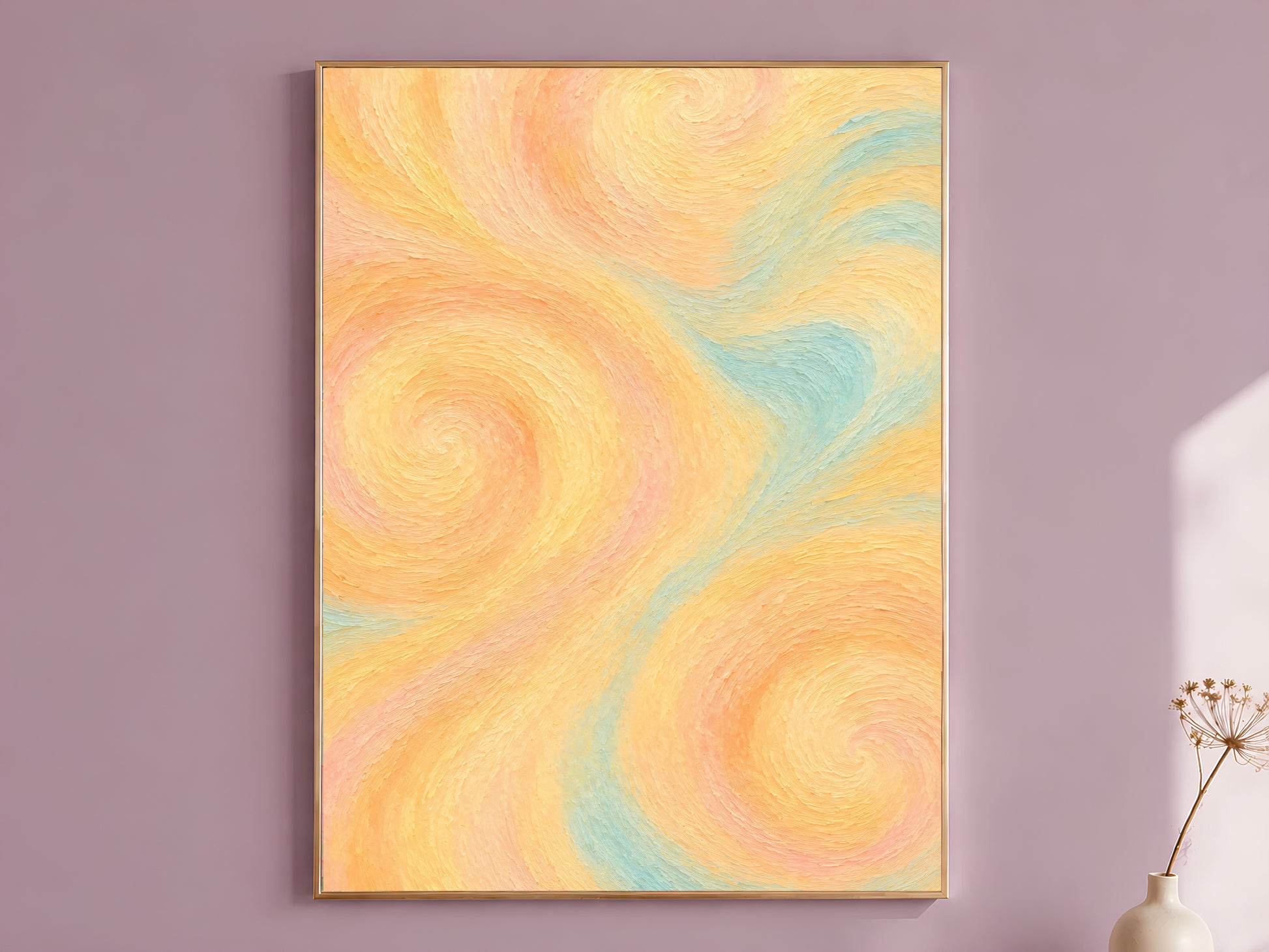 Butter yellow abstract swirl wall art print in a thin gold frame on a dusty lilac wall
