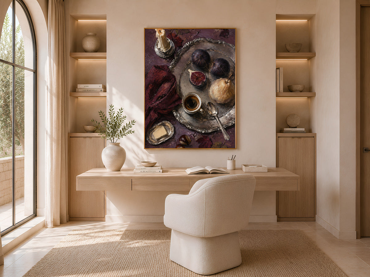 Candlelit still life wall art framed above desk in cozy neutral home office