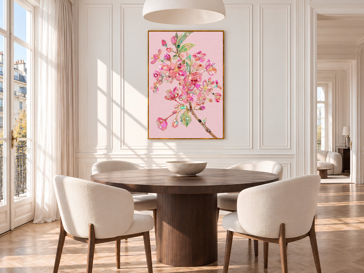 Pink Cherry Blossom Wall Art Print, Embroidery Style Floral Collage with Pearls and Sequins, Printable Coquette Decor, Digital Download