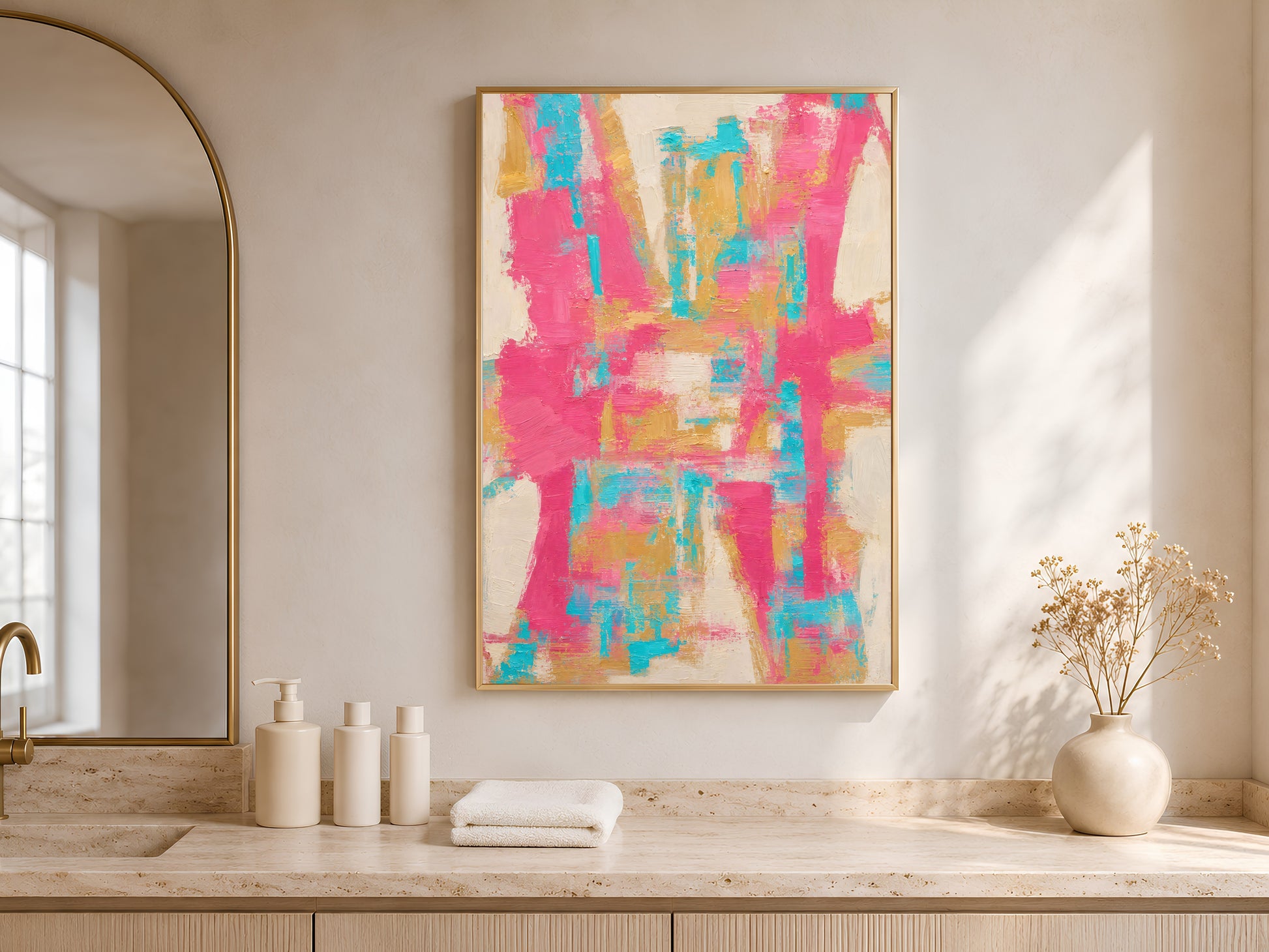 Framed hot pink teal and gold abstract art print displayed in a serene neutral bathroom with freestanding tub and arched alcove
