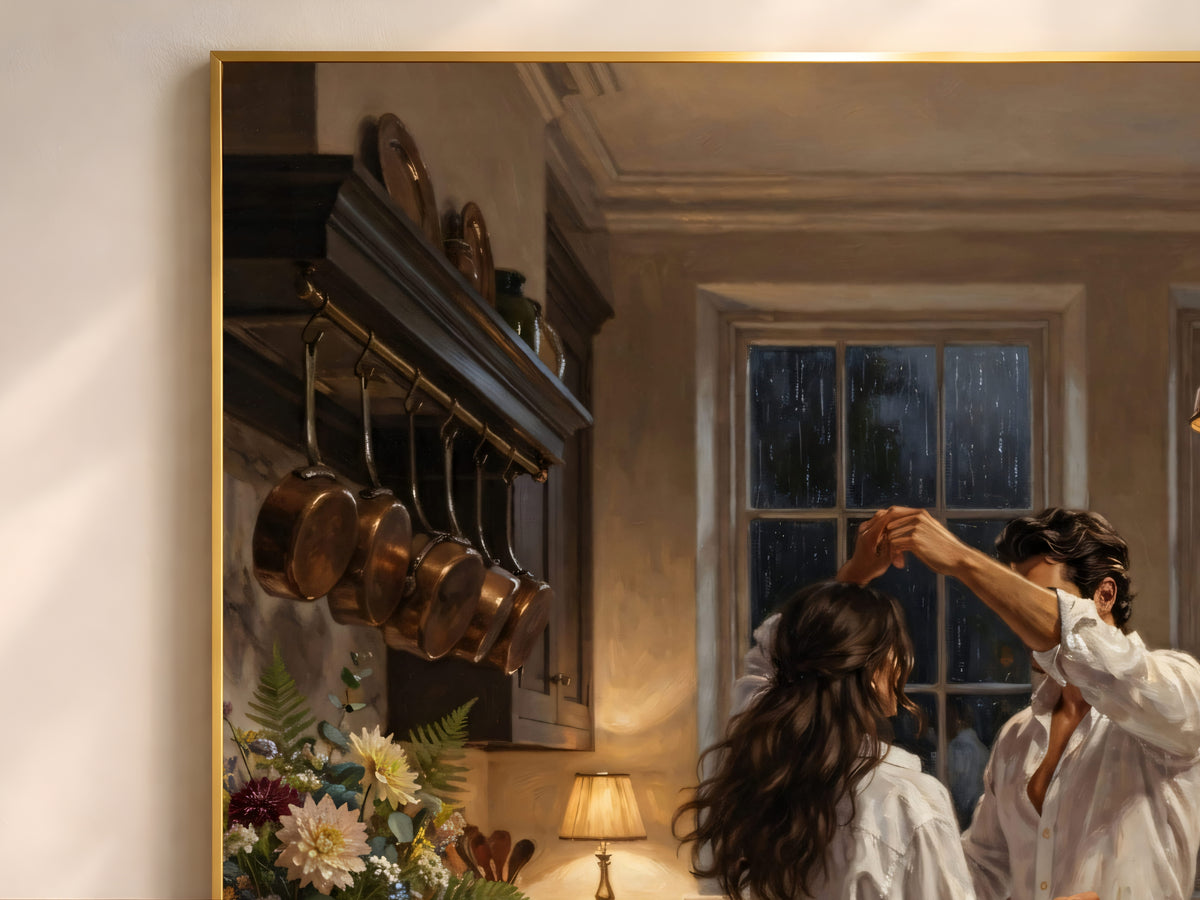 Couple Dancing Kitchen Painting, Romantic Rainy Night Wall Art - Digital Download