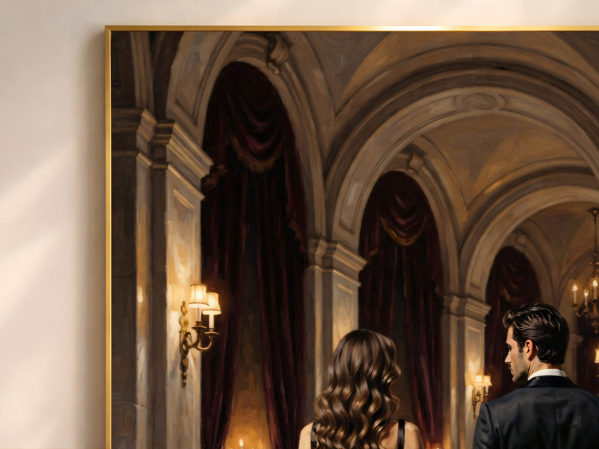 Dark Academia Couple Wall Art, Elegant Gala Hallway Oil Painting Print - Digital Download
