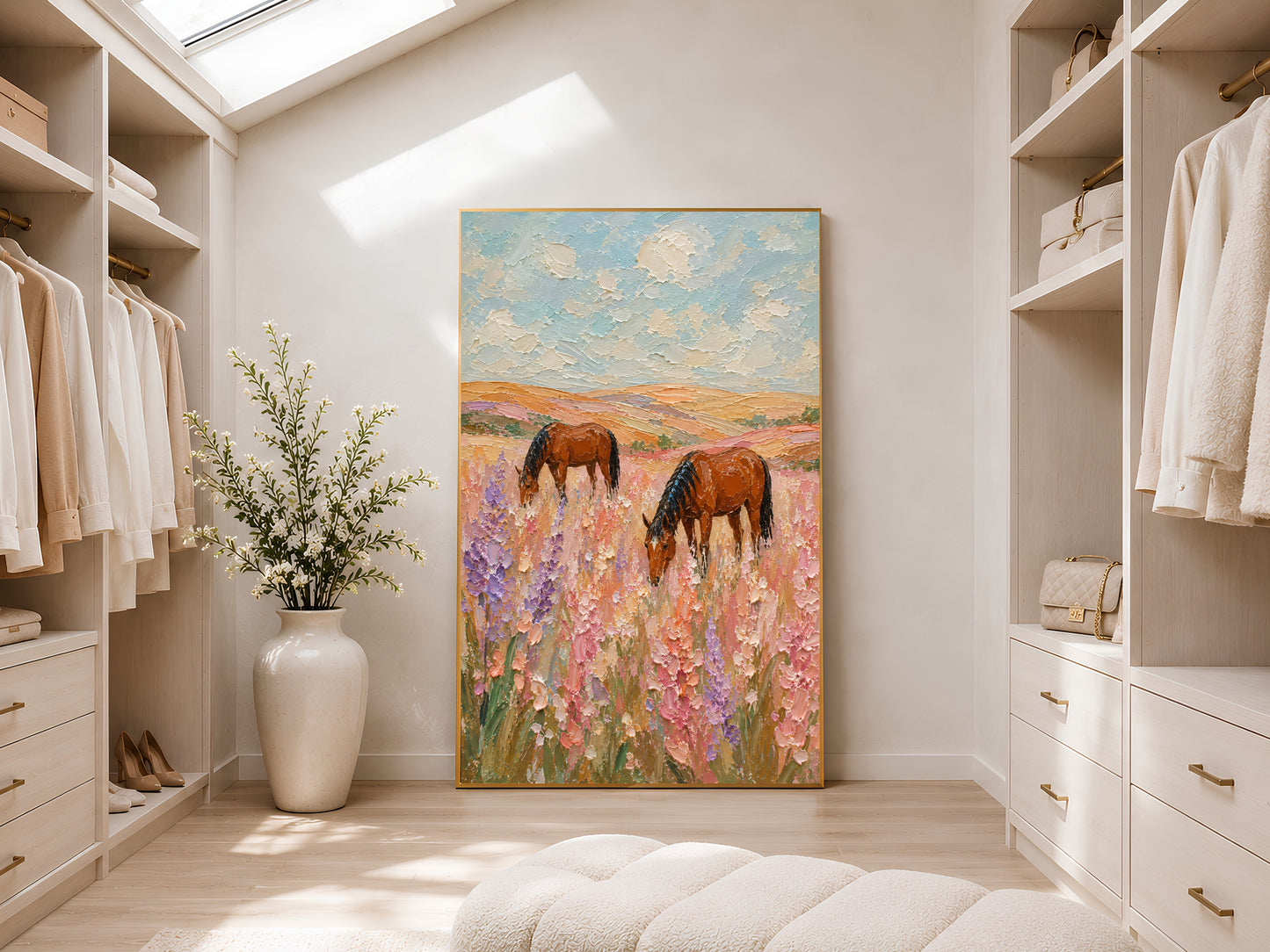 Two chestnut horses grazing in a pink and lavender wildflower field impasto painting in a gold frame displayed in a bright white walk-in wardrobe with warm natural light and neutral shelving
