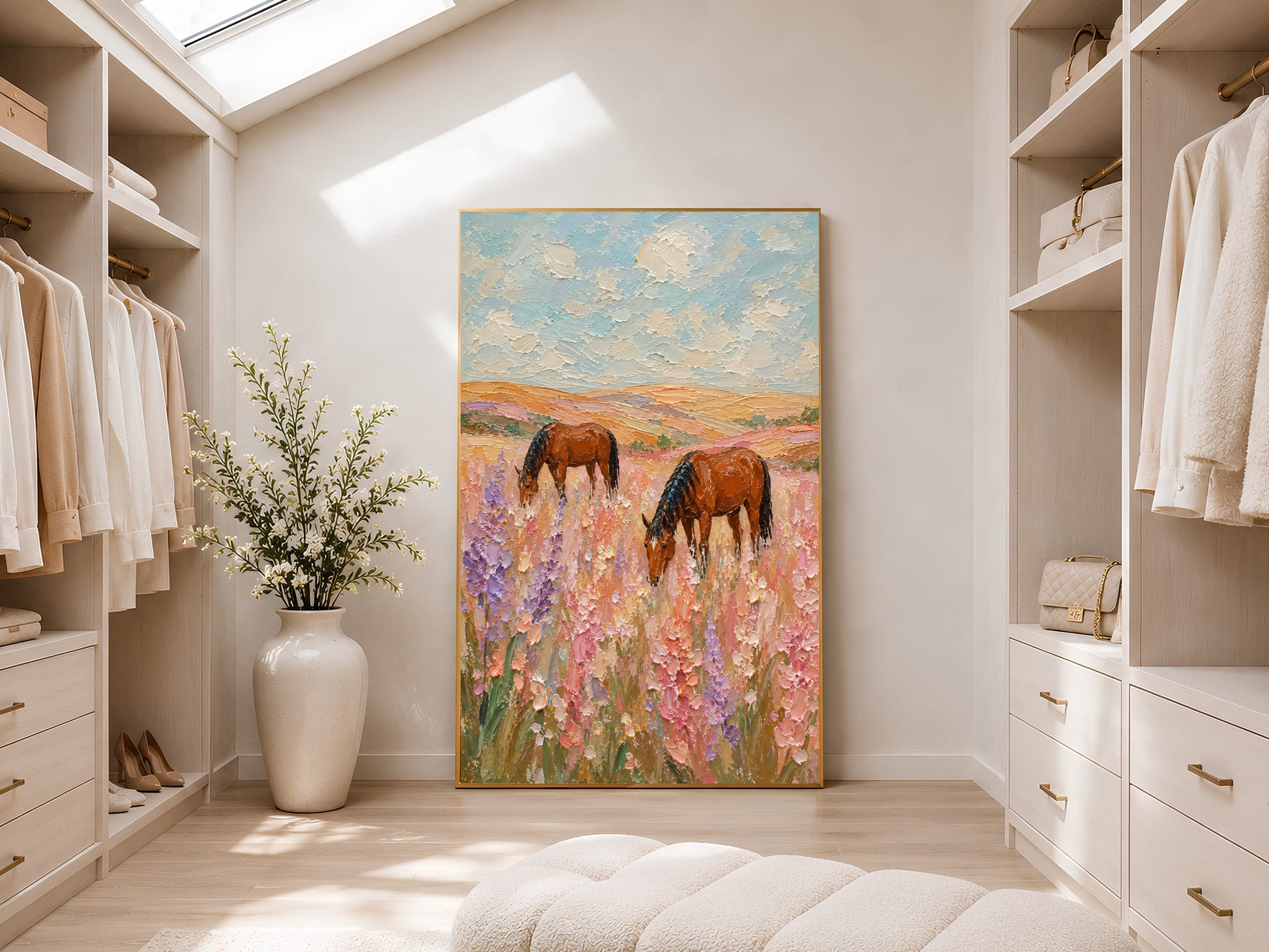 Two chestnut horses grazing in a pink and lavender wildflower field impasto painting in a gold frame displayed in a bright white walk-in wardrobe with warm natural light and neutral shelving
