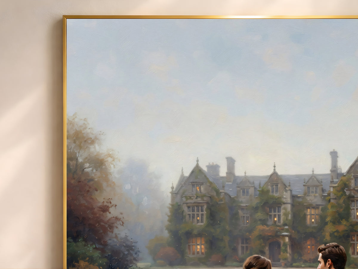 English Manor Estate Wall Art, Autumn Couple Oil Painting Print - Digital Download