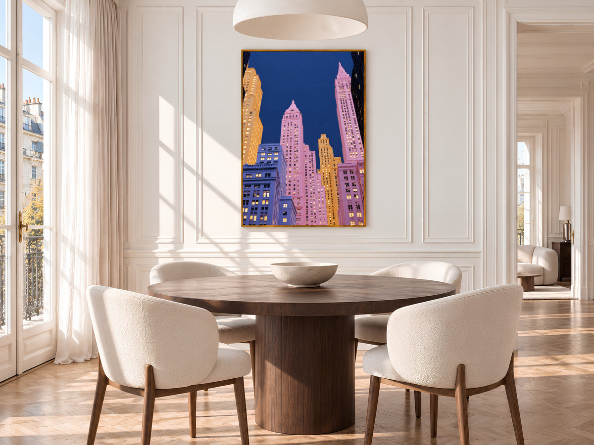 Pink City Skyline Wall Art Print, New York Inspired Art Deco Skyscrapers at Night, Pastel Pink and Navy Printable Decor, Digital Download