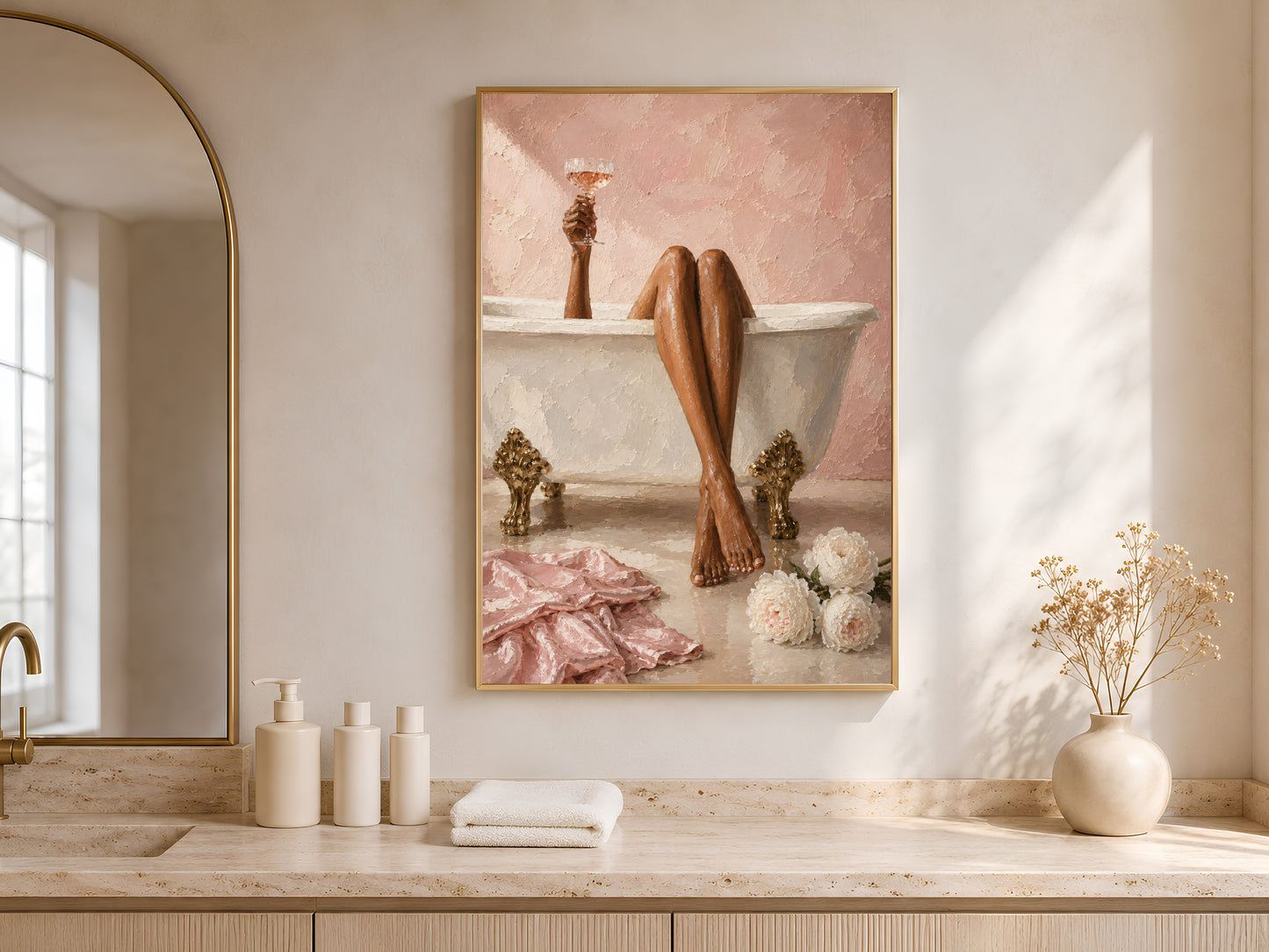 Framed coquette bath wall art leaning against a warm white bathroom counter with neutral ceramics, rolled towels, and soft arched window light