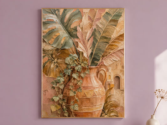 Terracotta botanical vase impasto wall art in gold frame on mauve wall with dried flower stems
