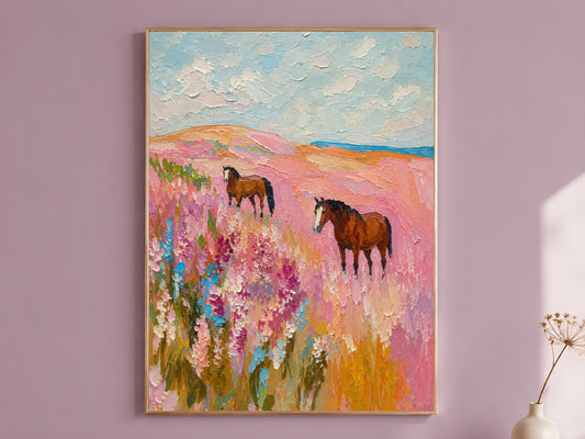 Pink wildflower horse painting in a thin gold frame on a dusty lilac wall

