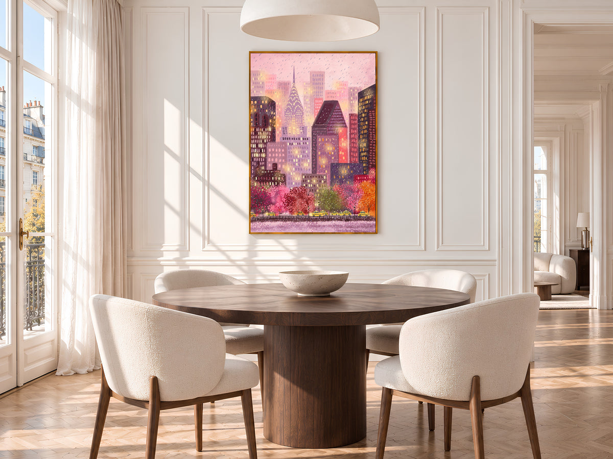 Pink New York City Art Print, Rainy Day NYC Skyline Illustration with Yellow Taxis, Whimsical Gouache Style City Decor, Digital Download