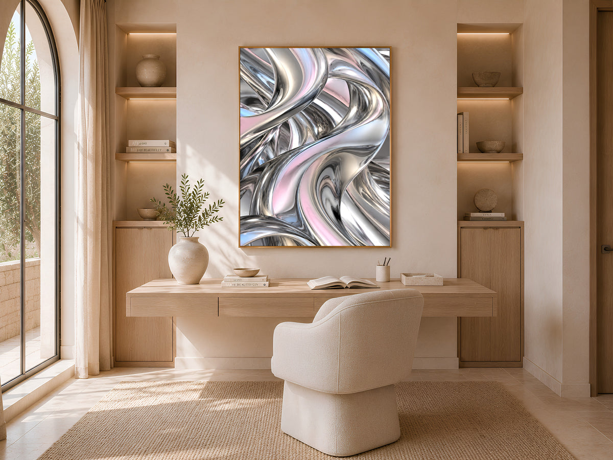 Chrome Liquid Metal Wall Art, Silver Iridescent 3D Abstract Print - Digital Download