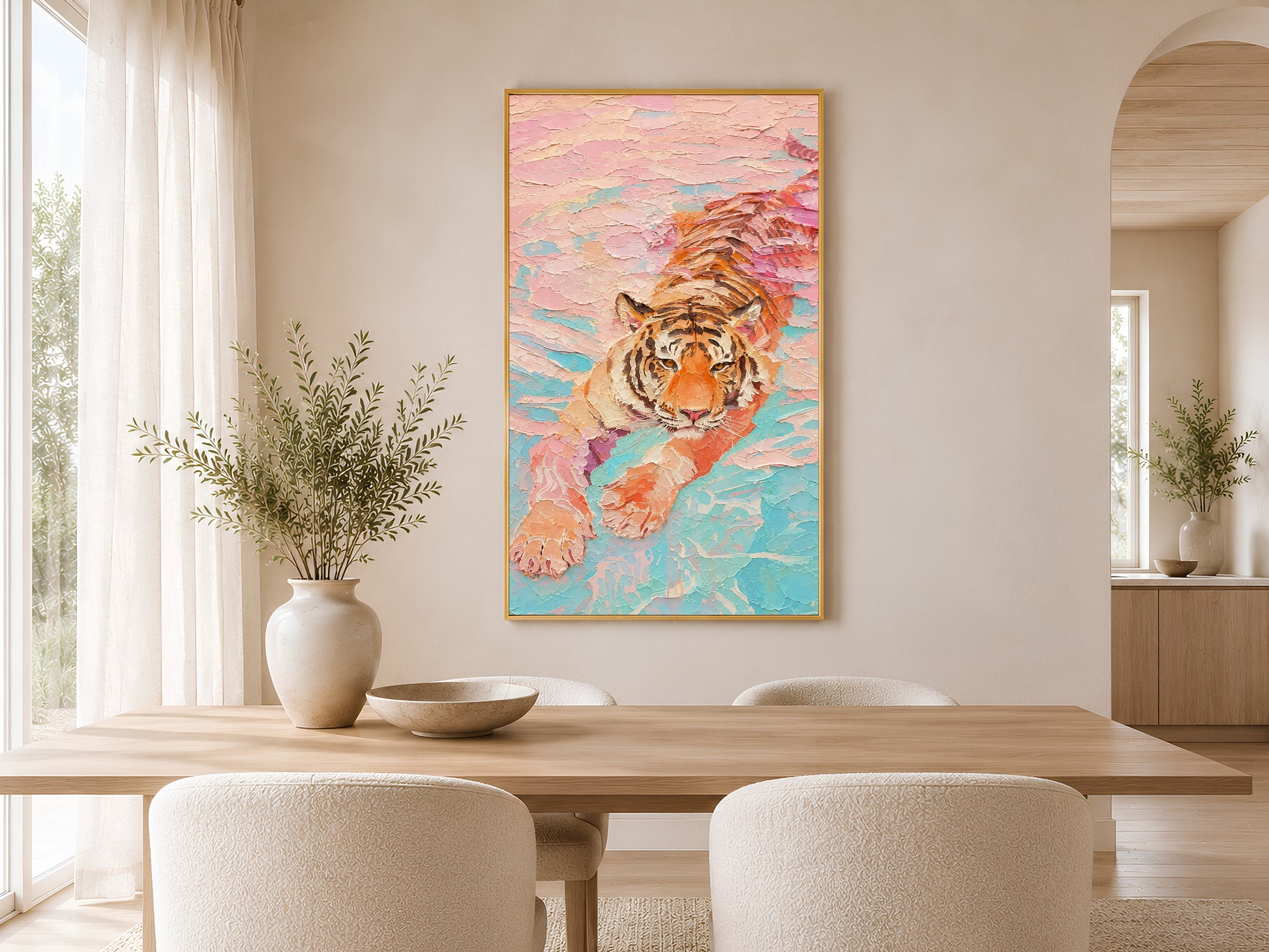 Framed pastel tiger impasto print hung in a bright airy room with large window, console table, and neutral ceramic vase

