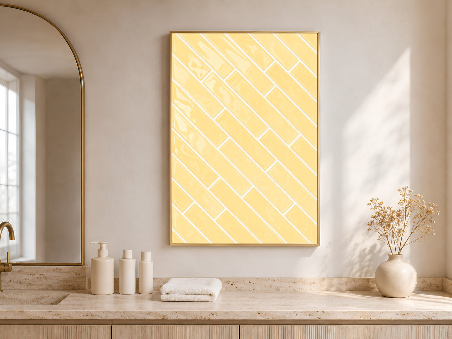 Framed butter yellow herringbone tile wall art displayed on a warm white console with neutral ceramic vases and soft arched window light in a minimalist entryway
