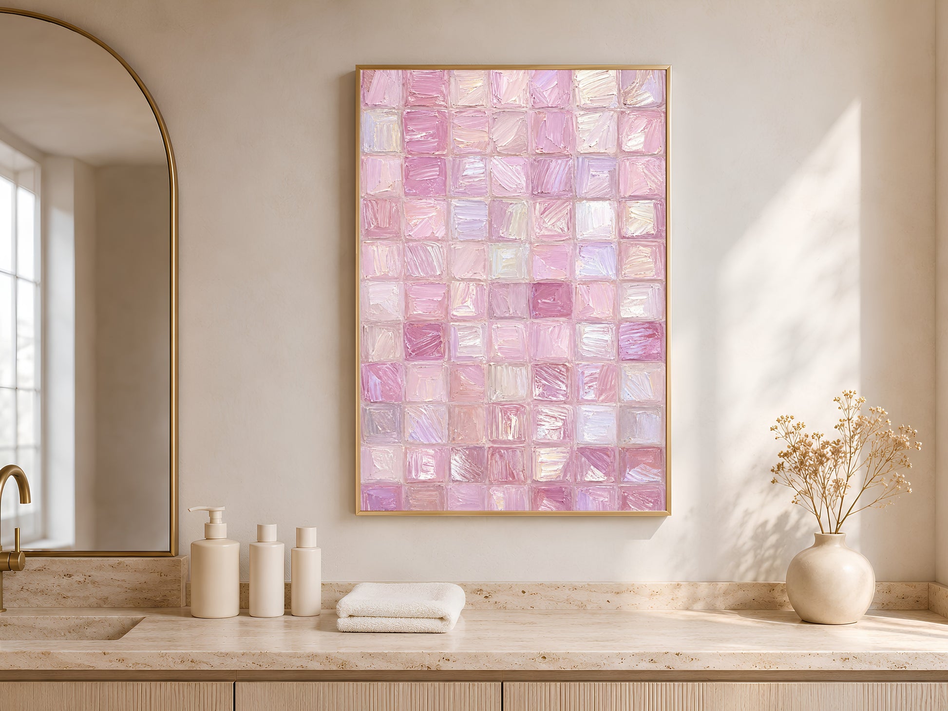 Pink impasto mosaic tile print in gold frame in bright bathroom beside arched mirror with white towels and vases

