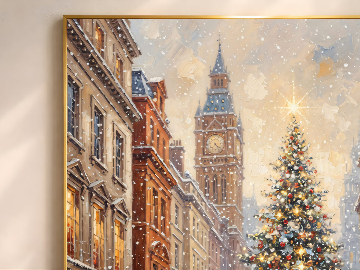 London Christmas Wall Art, Vintage Oil Painting Print - Digital Download