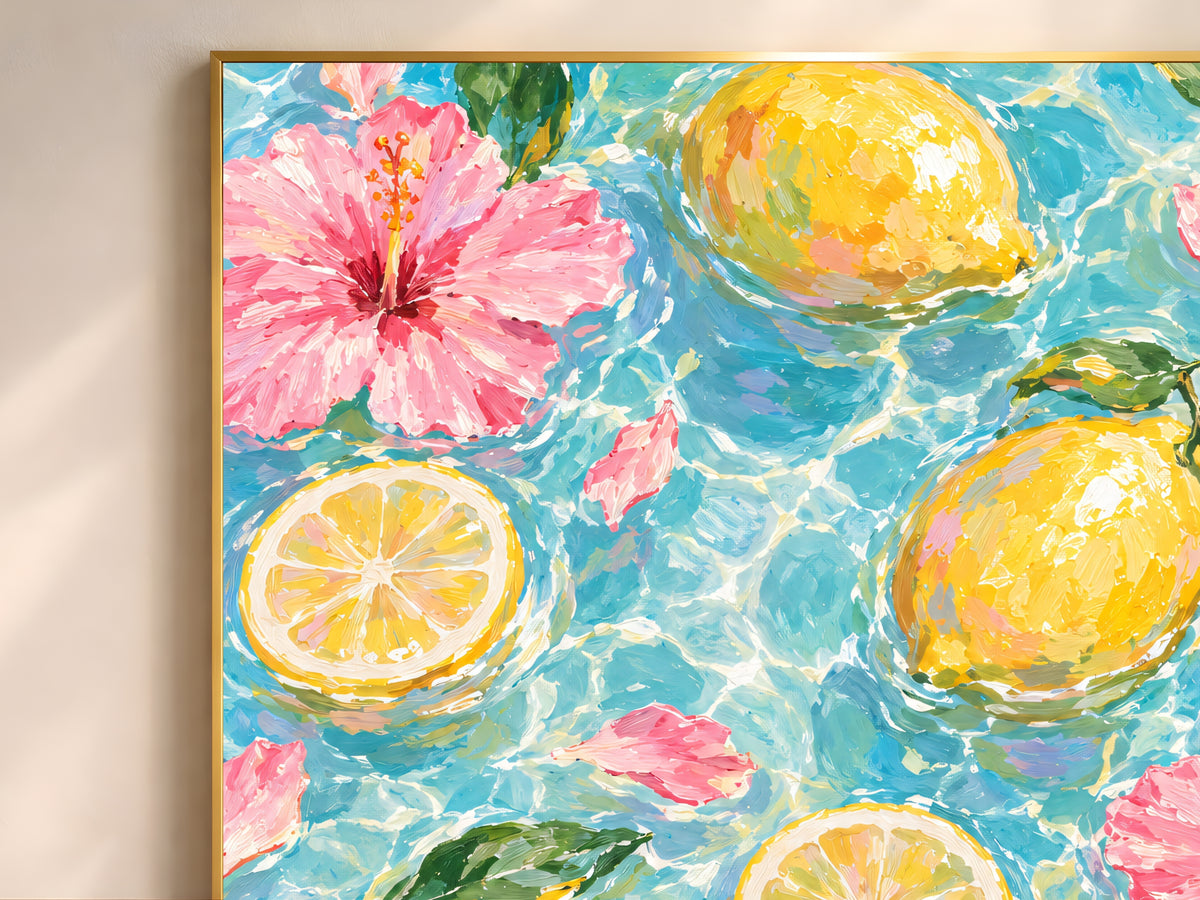 Lemon Hibiscus Pool Art Print, Amalfi Summer Wall Art - Digital Download