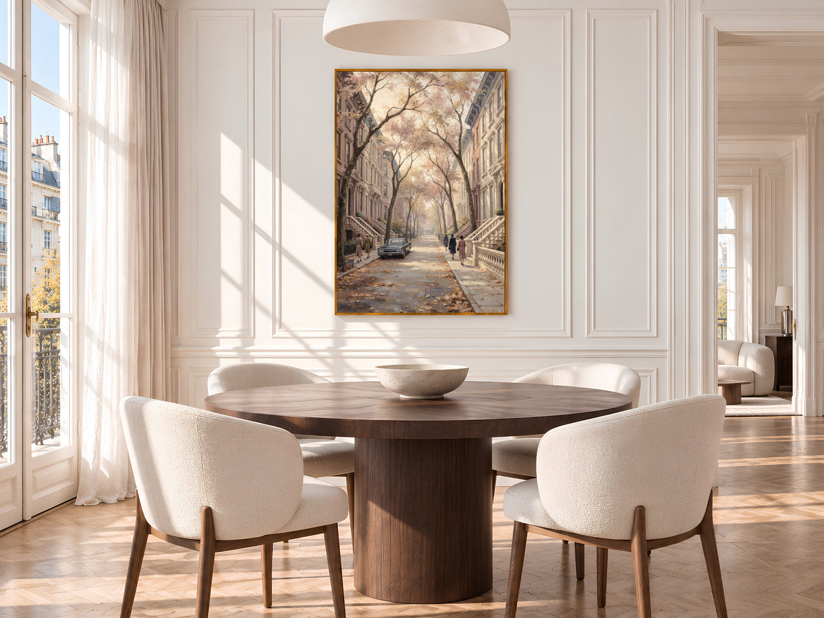 Autumn Brownstone Street Painting Print, Vintage Fall City Art, Pastel Tree Lined Street Wall Art, Digital Download