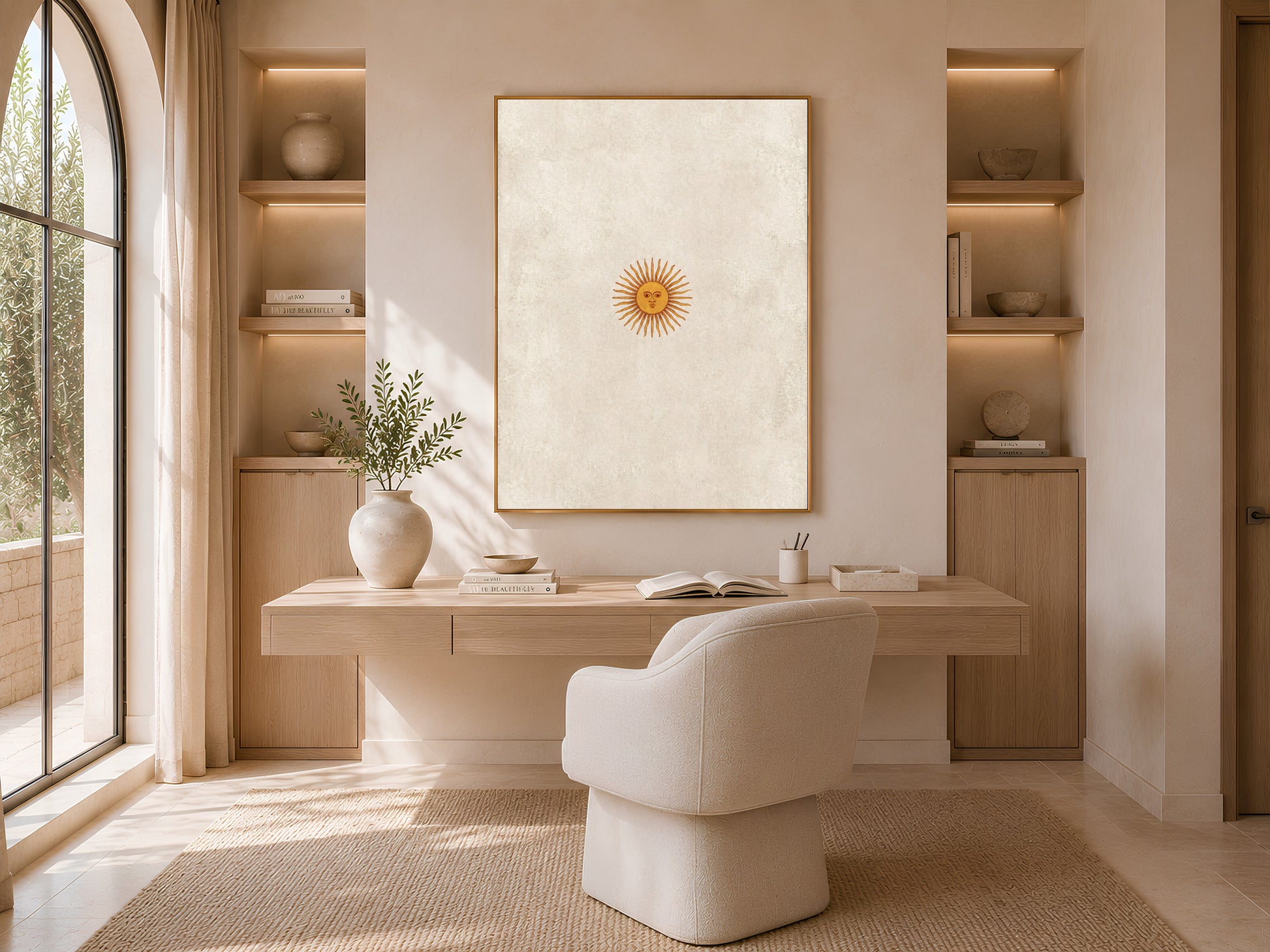 Vintage sun face wall art displayed above a home office desk with arched shelving, minimalist celestial print