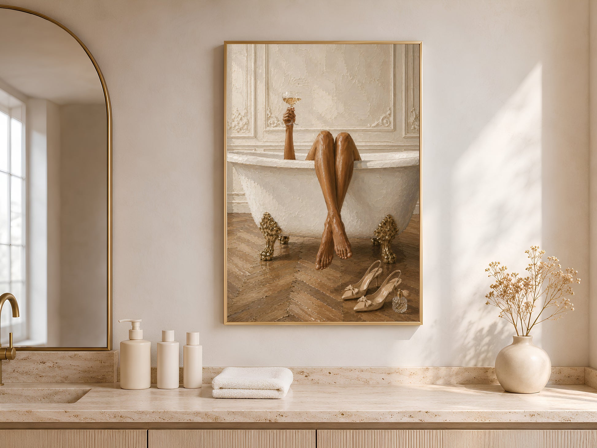 Framed Parisian bath wall art leaning against a warm white wall beside a freestanding soaking tub with neutral ceramics and soft arched window light