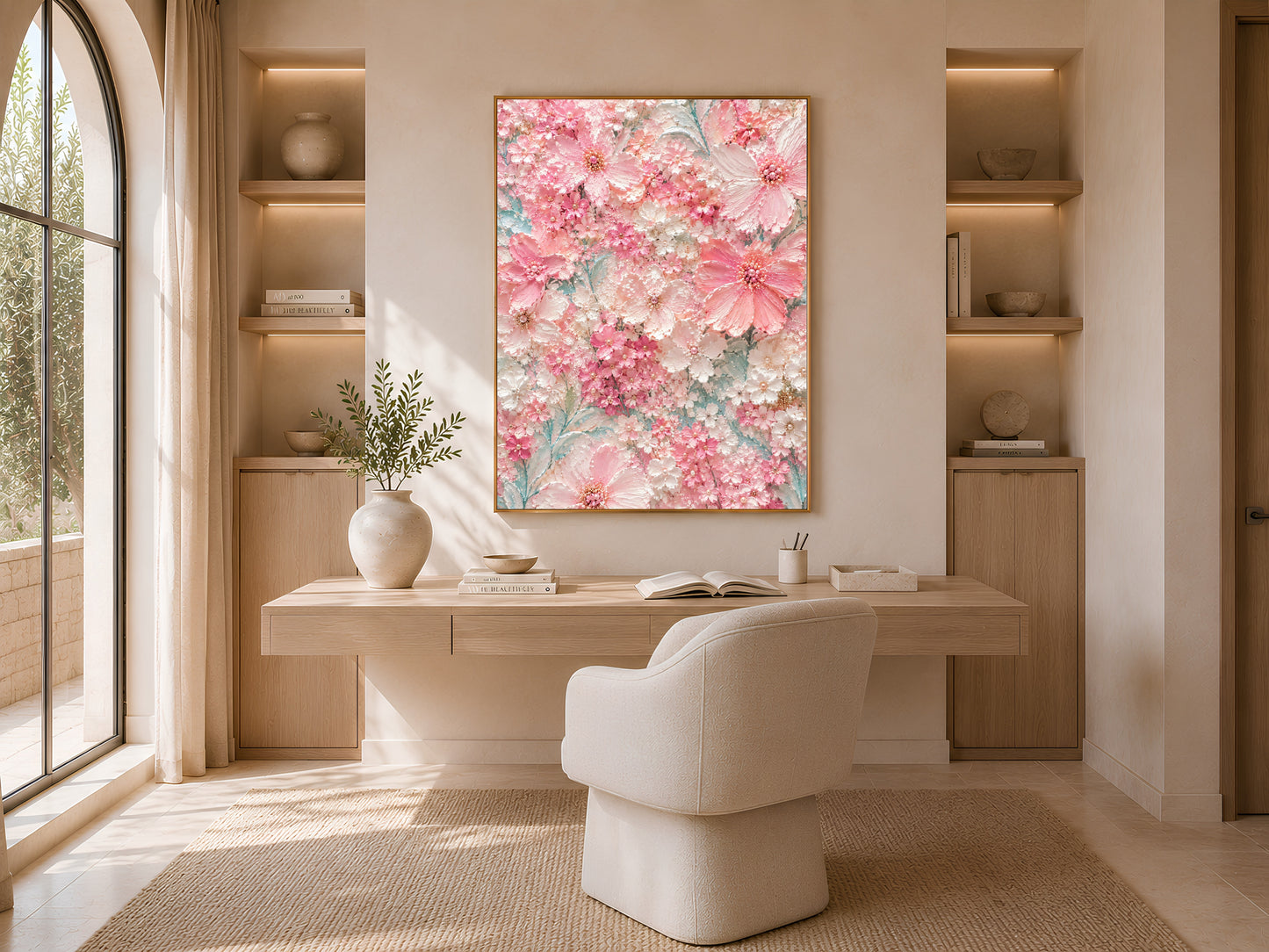Light pink floral wall art displayed above a desk in a bright home office nook
