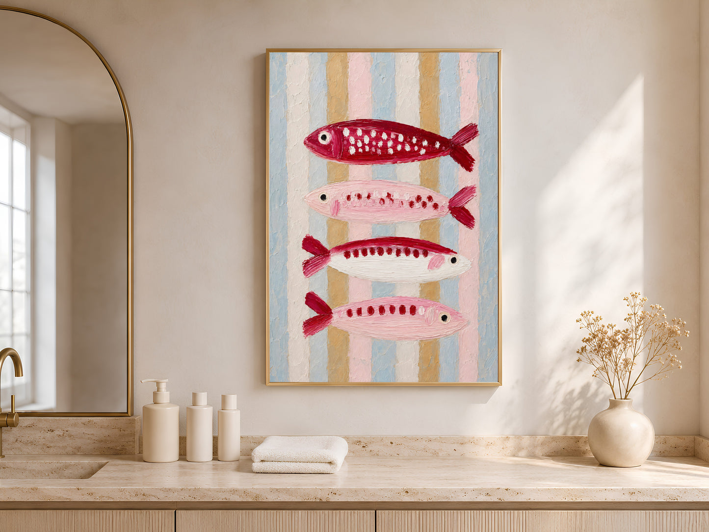Sardine fish print in a gold frame on a warm oak sideboard with white ceramic vessels and soft natural light
