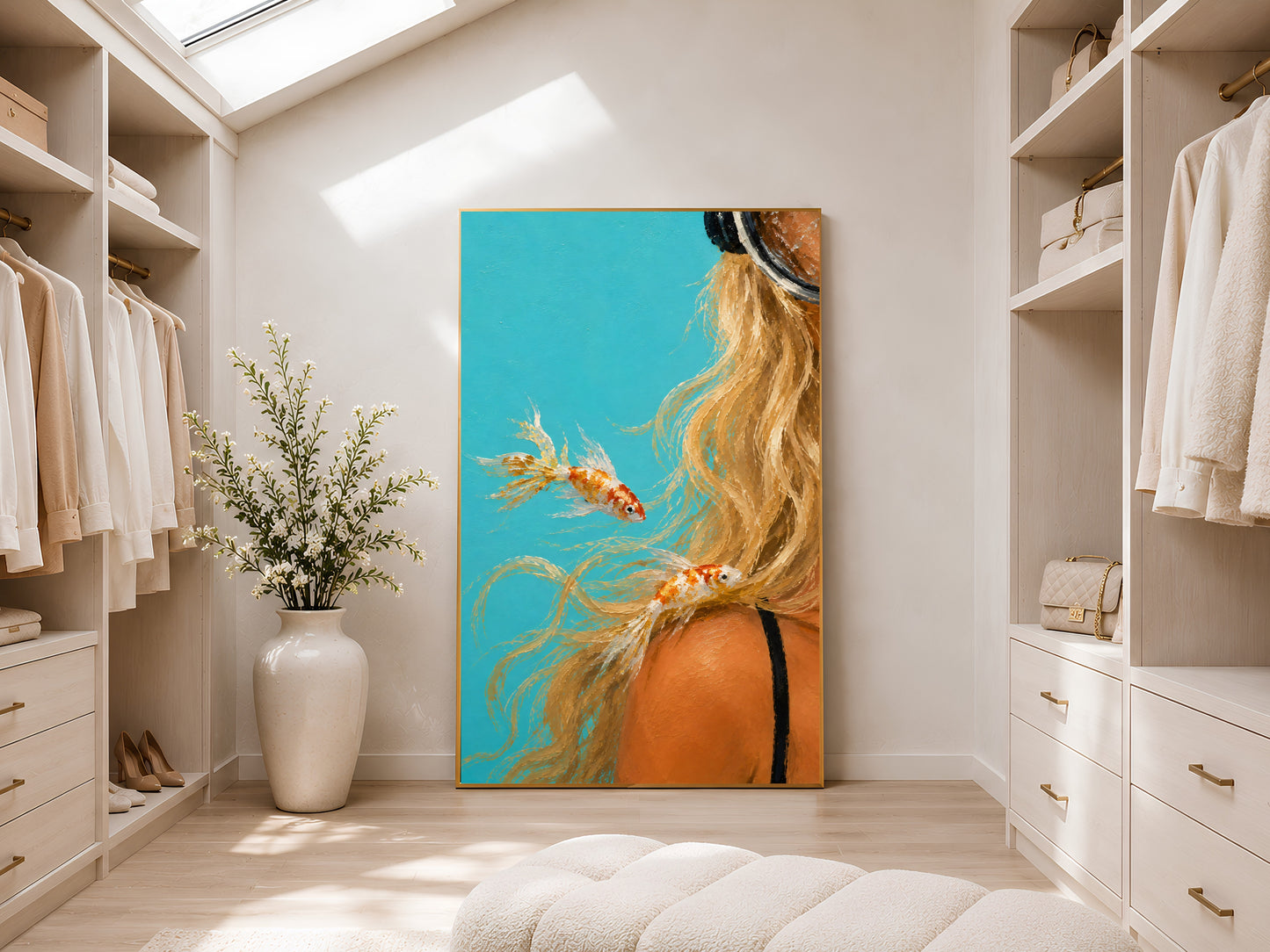 Ocean woman figurative print in gold frame displayed in a bright neutral walk-in wardrobe with open shelving and skylight