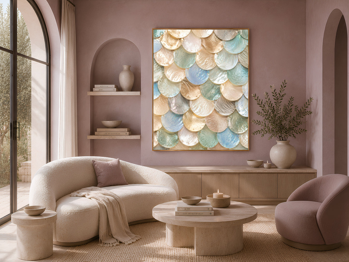 Coastal glam wall art framed on a mauve wall above a sofa and pink accent chair