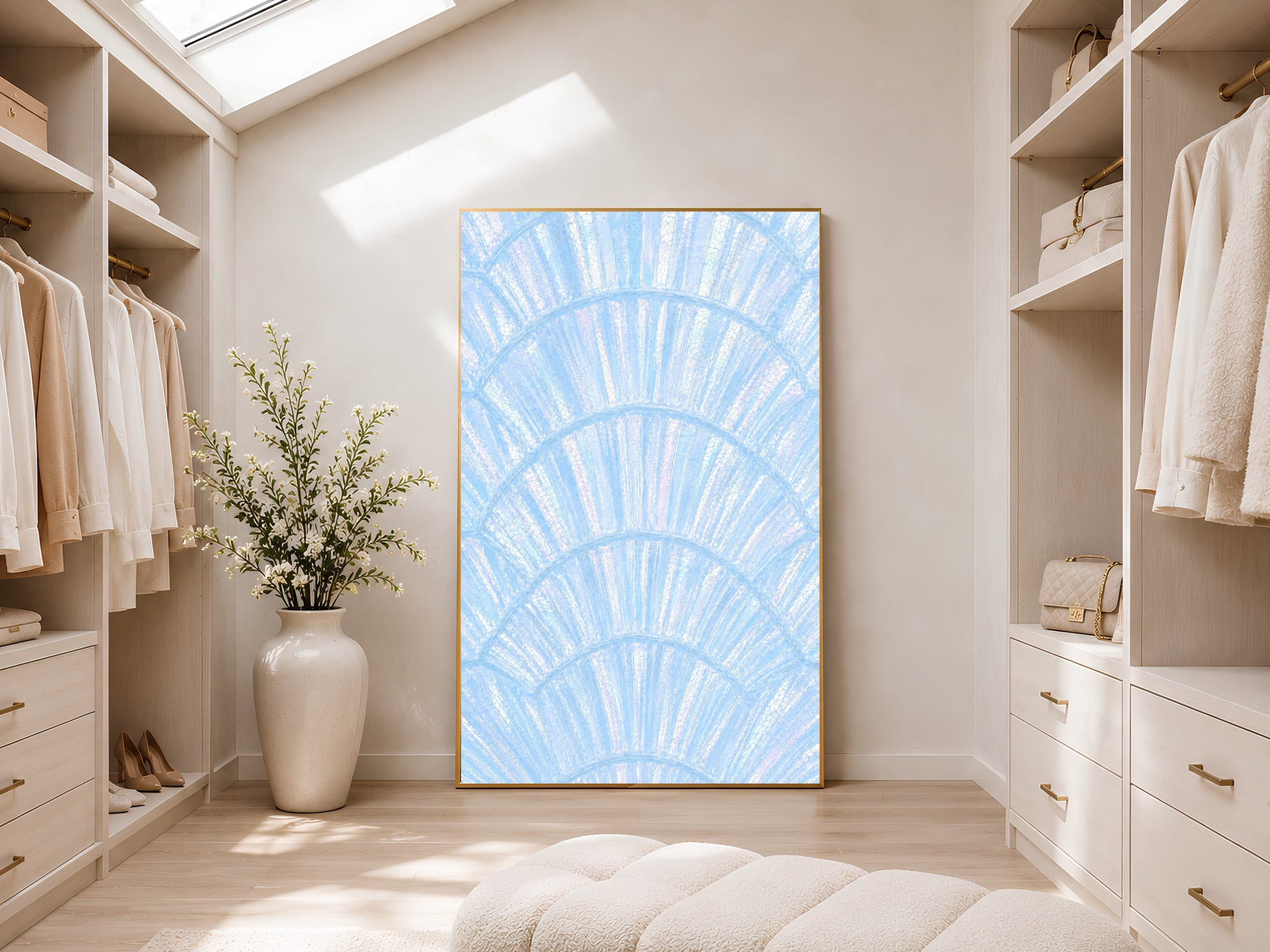 Iridescent blue shell wall art in gold frame displayed in a bright neutral walk-in wardrobe with open shelving and skylight