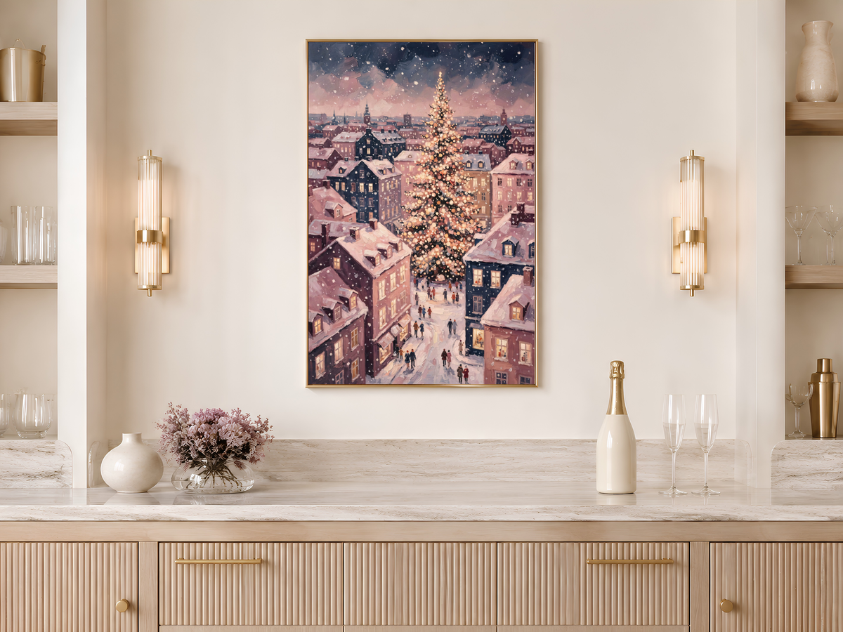 European Christmas Village Wall Art, Snowy Town Square Print - Digital Download
