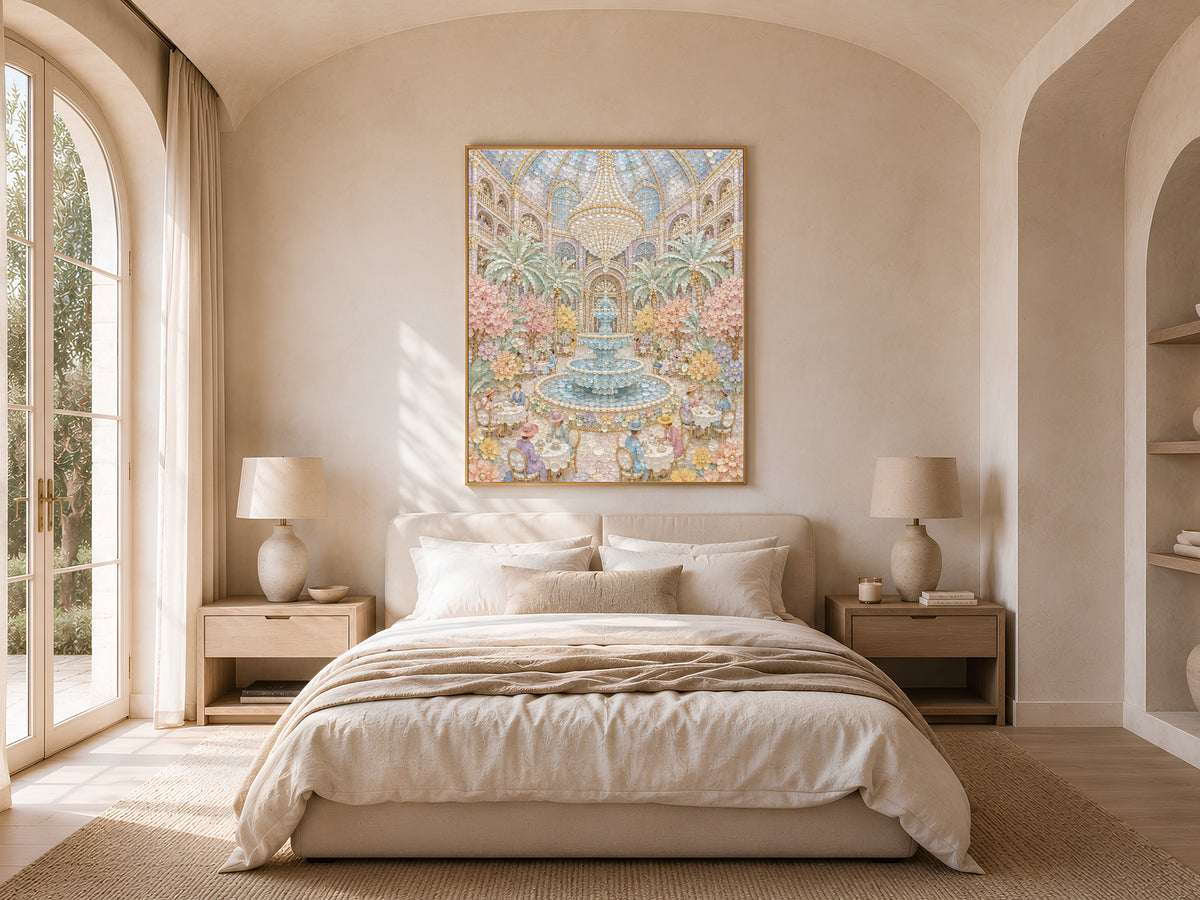 Pastel Garden Courtyard Wall Art, Whimsical Mosaic Fountain Print - Digital Download