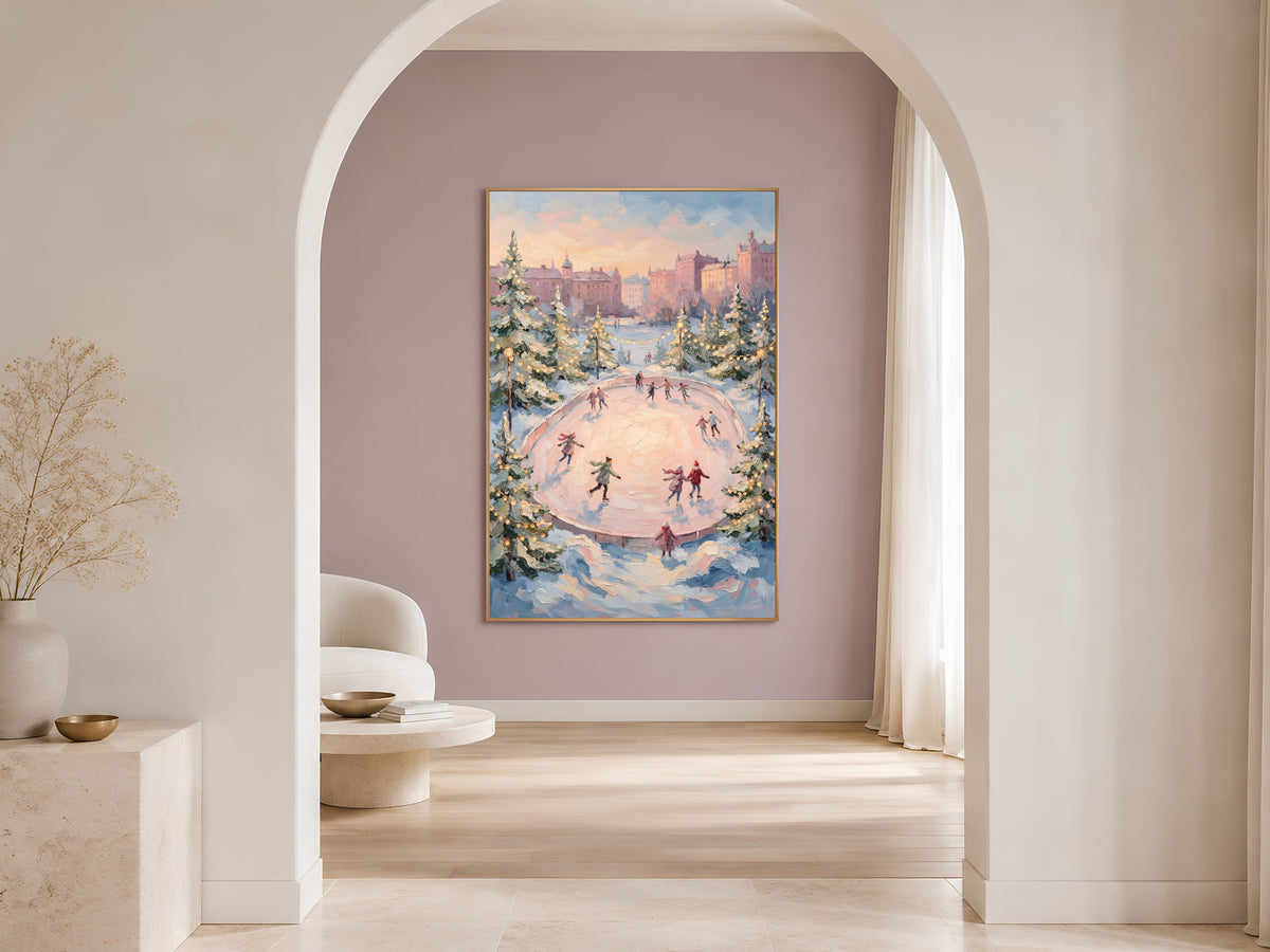 Ice Skating Rink Wall Art, Pink Sky Winter Print - Digital Download