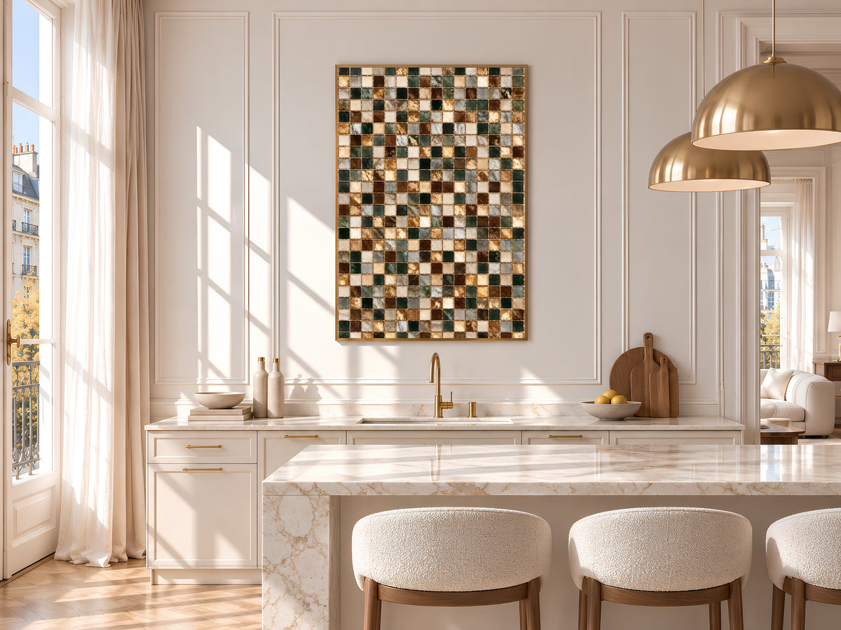 Brown and Green Mosaic Tile Wall Art Print, Earth Tone Tile Grid Painting with Gold Lines, Printable Warm Neutral Decor, Digital Download