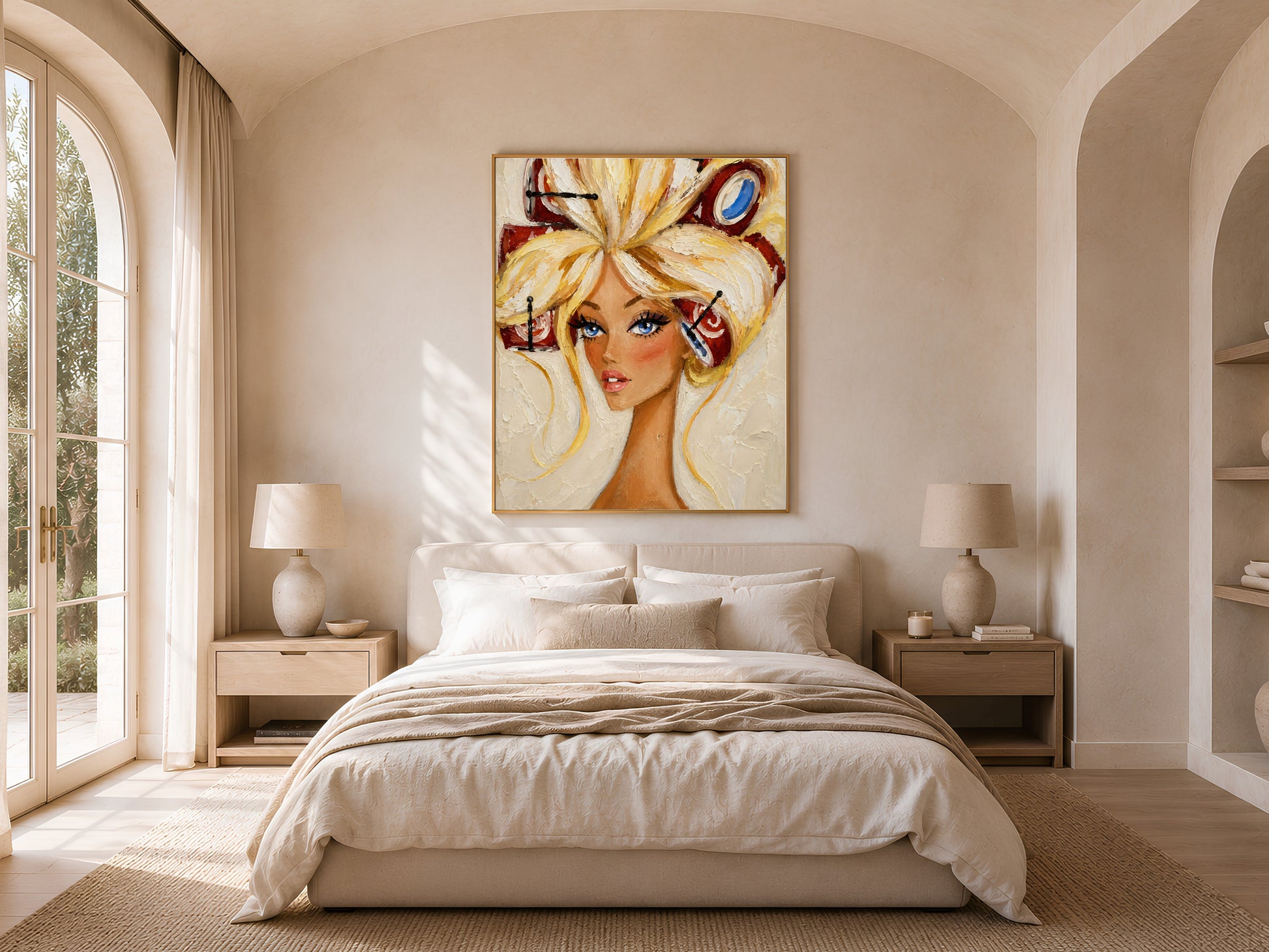 Framed retro pin-up hair rollers portrait hanging above a bed in a neutral, arched-window bedroom.
