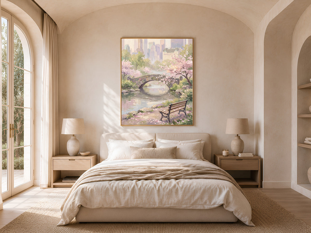 Central Park Cherry Blossom Print, Gapstow Bridge NYC Spring Wall Art - Digital Download