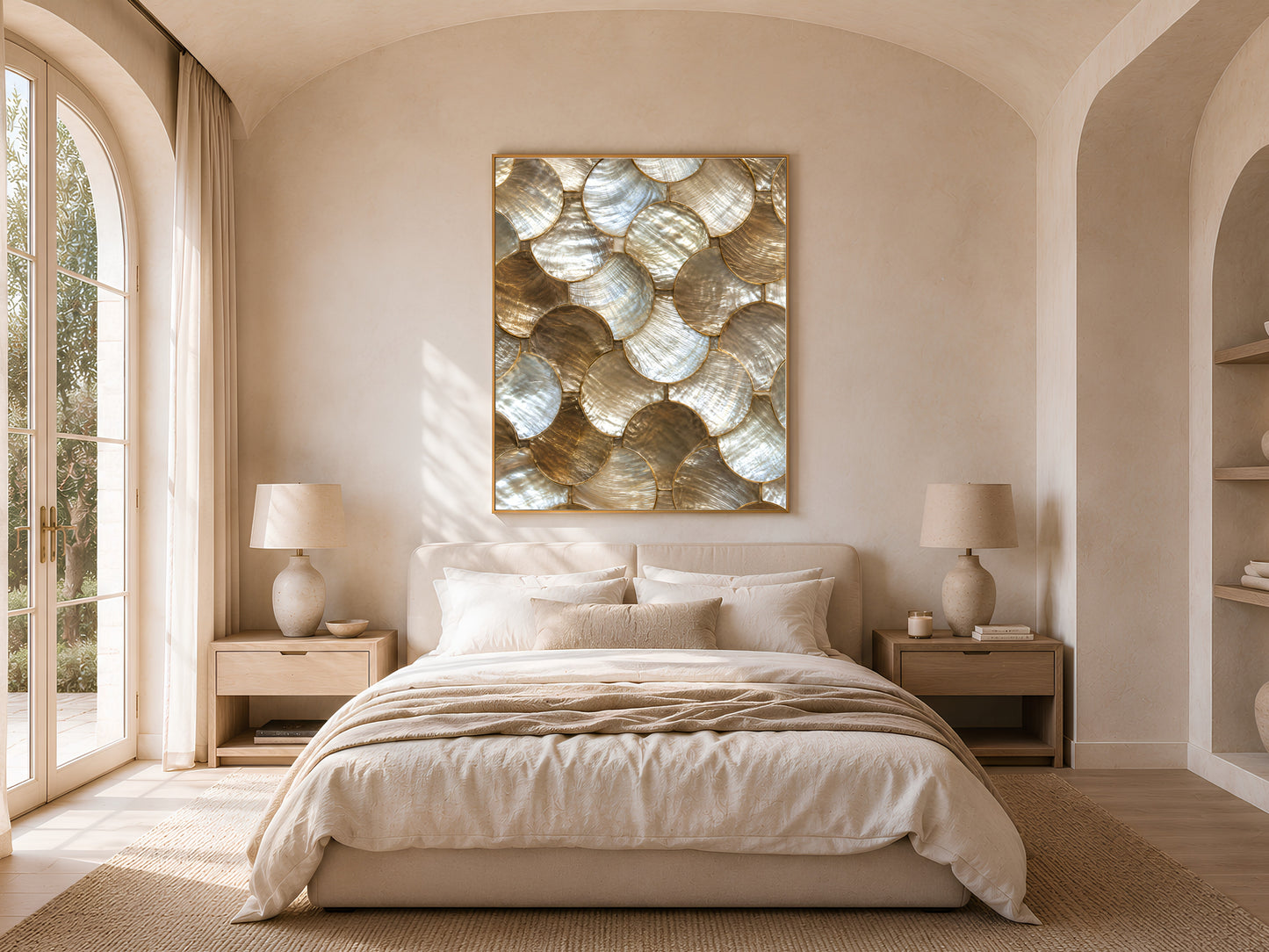 Framed gold abstract wall art print hanging above a bed in a neutral, arched-window bedroom.
