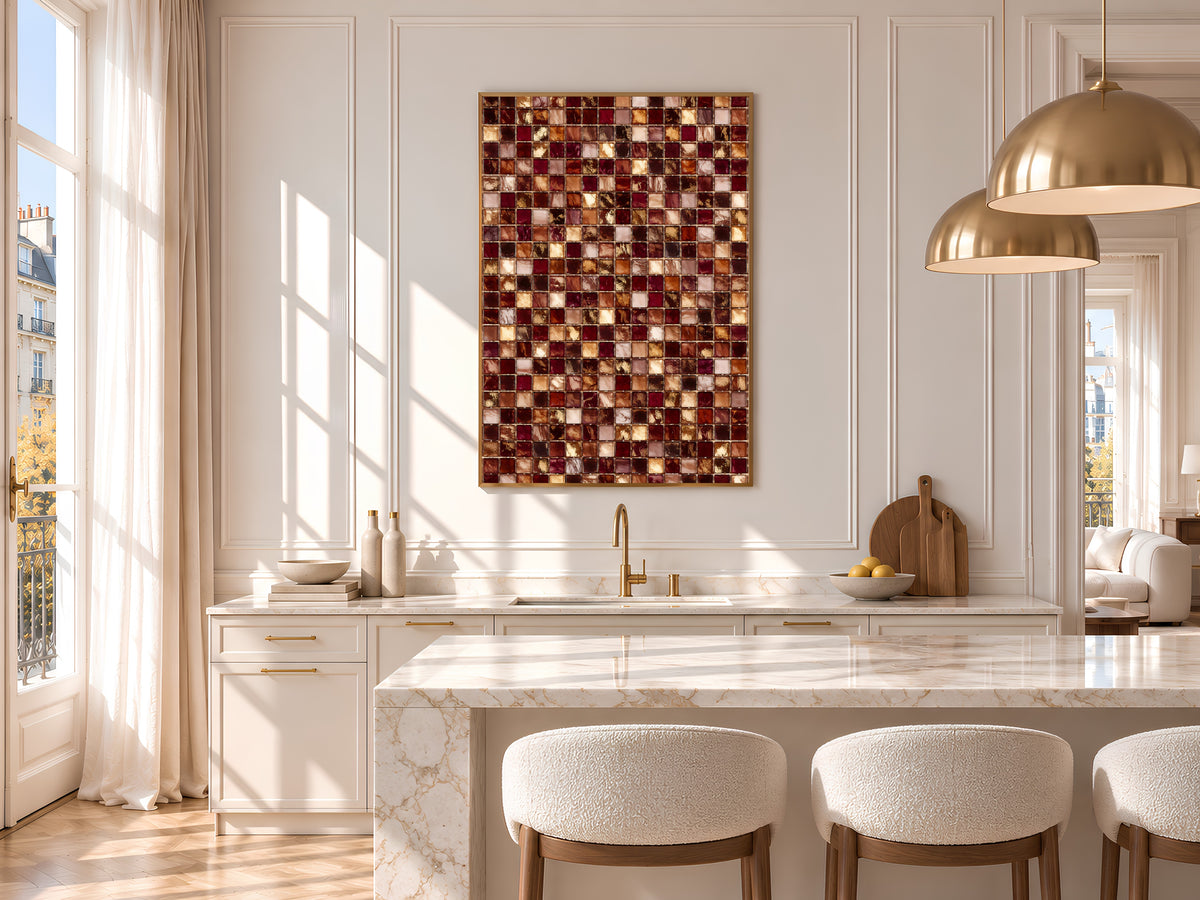 Burgundy and Gold Mosaic Tile Wall Art Print, Wine Red, Blush and Amber Tile Grid Painting, Printable Moody Warm Decor, Digital Download