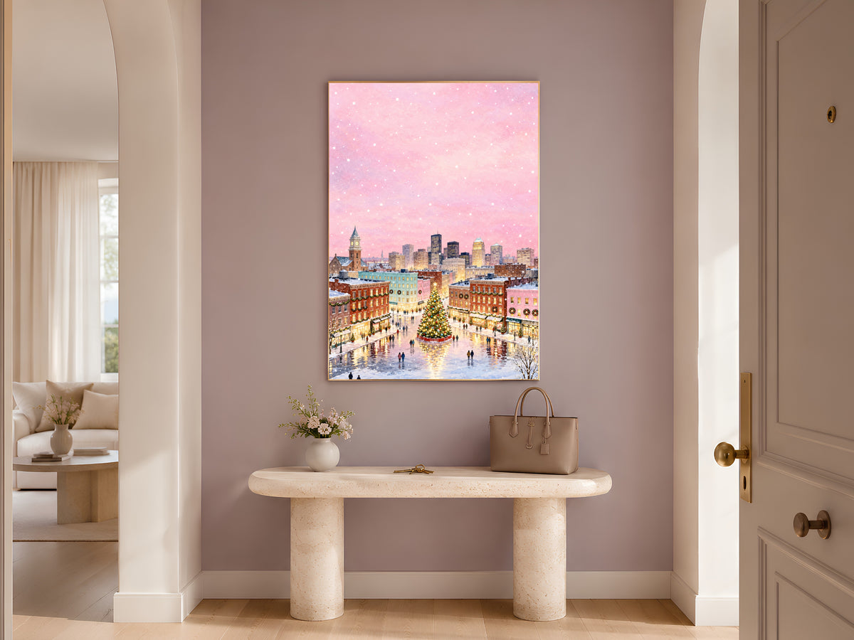 Pink Christmas Town Painting, Snowy City Christmas Tree Print, Pastel Winter Skyline Wall Art, Holiday Decor, Printable Digital Download