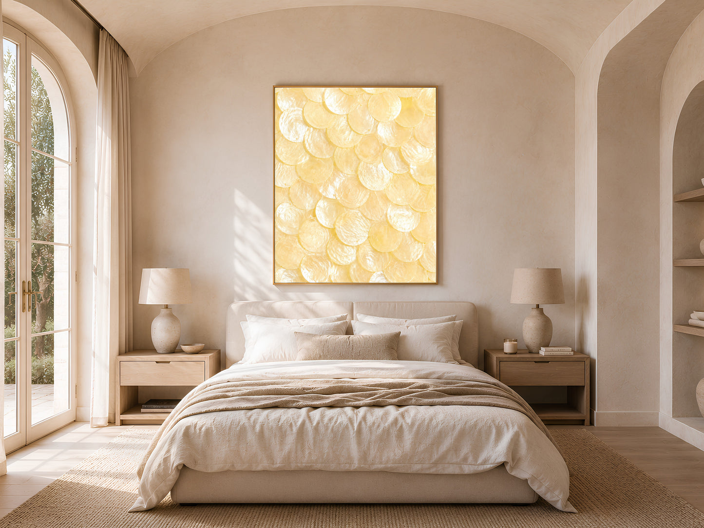 Capiz shell wall art in a gold frame above a bed in an arched-window bedroom with warm neutral linens
