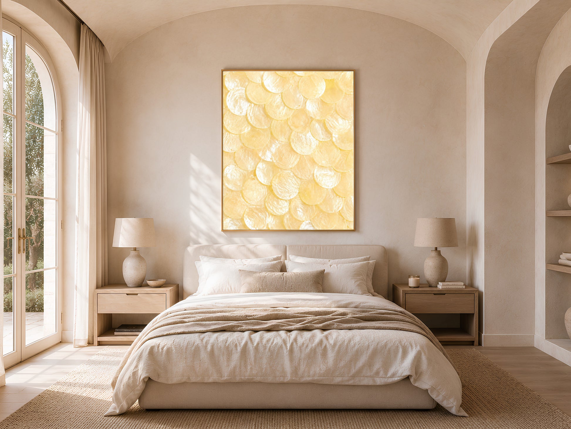 Capiz shell wall art in a gold frame above a bed in an arched-window bedroom with warm neutral linens
