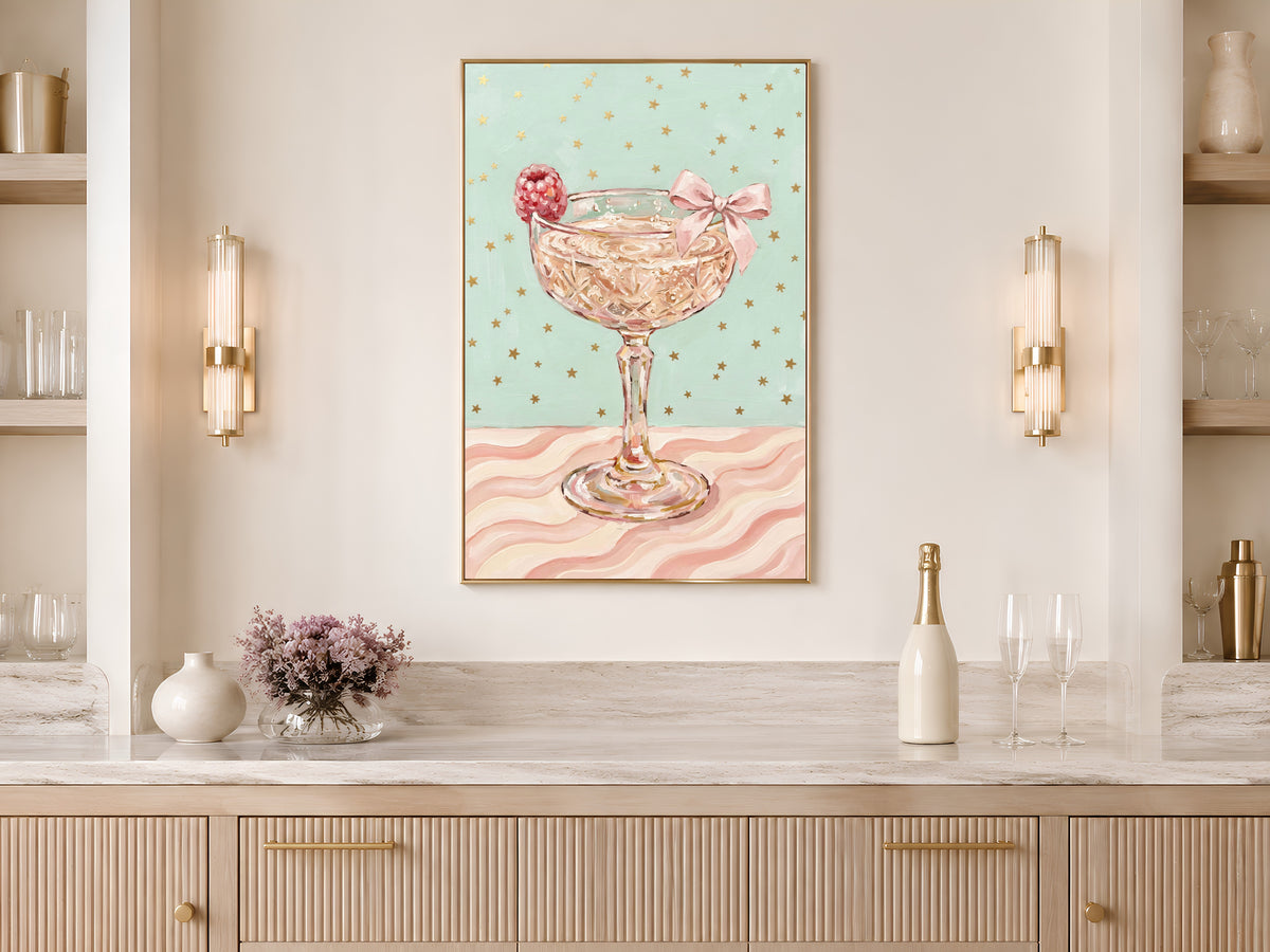Champagne Coupe Wall Art, Pink Bow Coquette Oil Painting Print - Digital Download