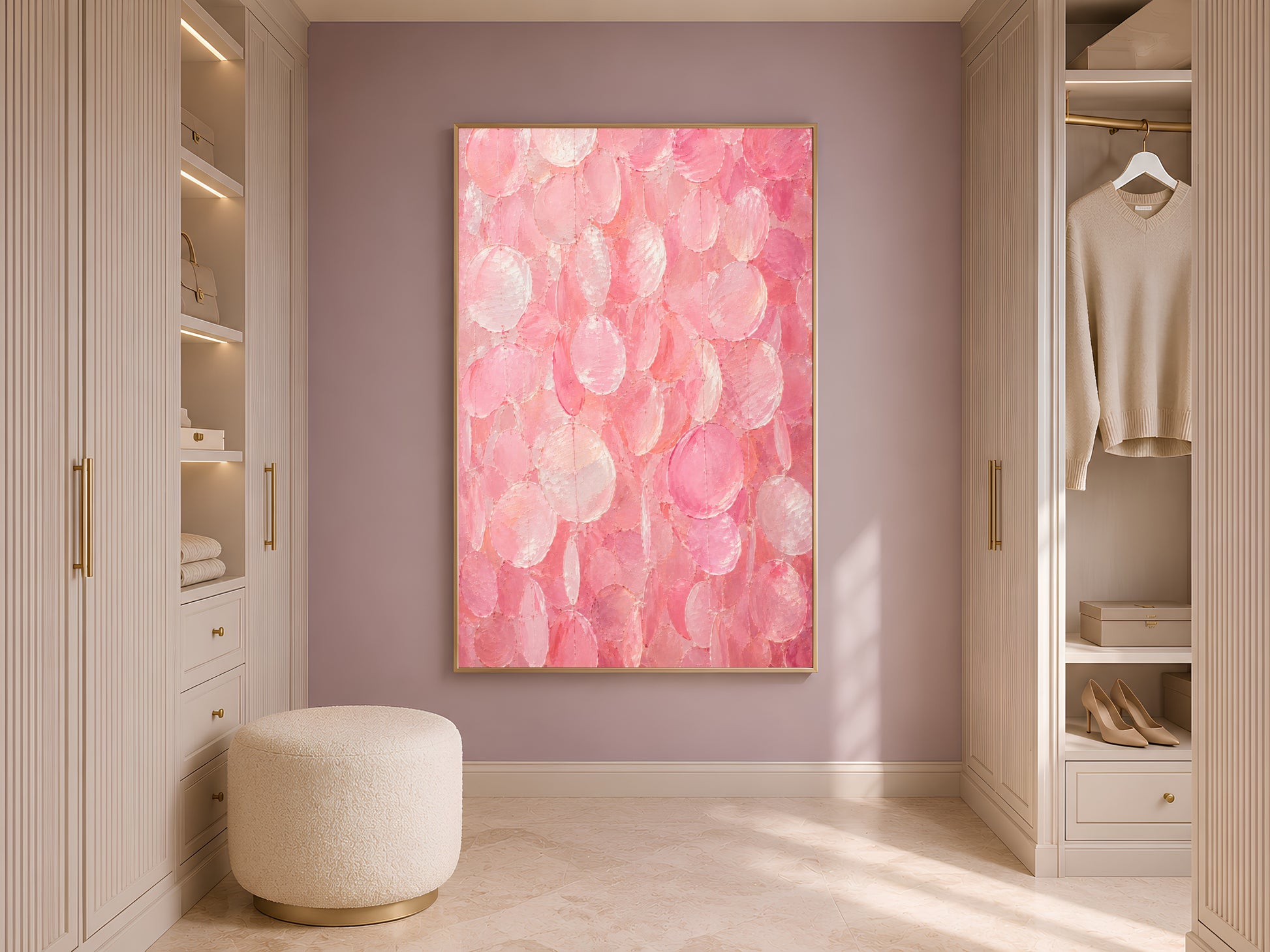 Pink capiz shell wall art print in a gold frame inside a walk-in wardrobe with warm neutral shelving, hanging clothes, and soft decor
